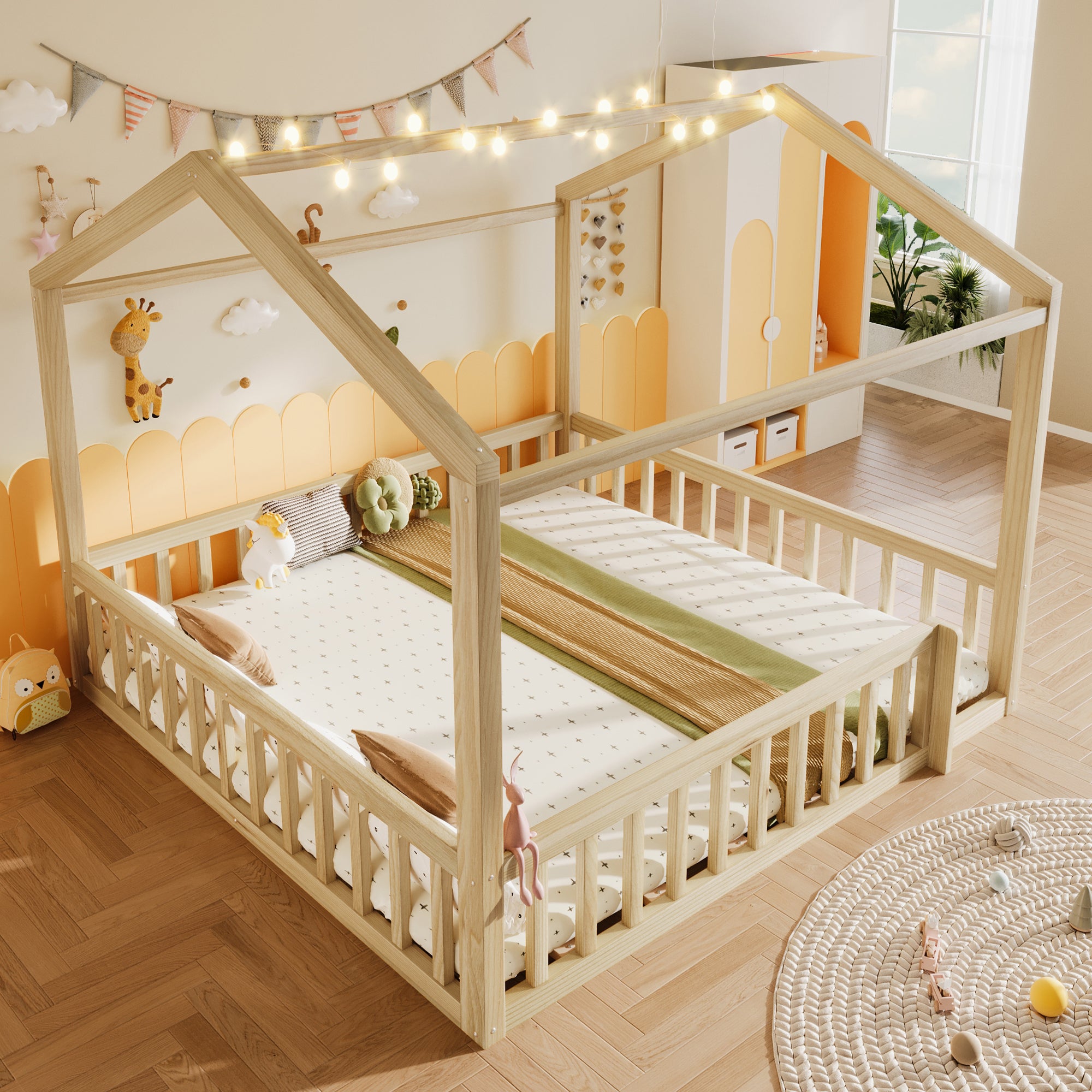 Lit enfant enfant Lit double 180x190 cm avec barrière, 90x190 cm x2 , style minimaliste, pin, LED intégrées, Natural - 4