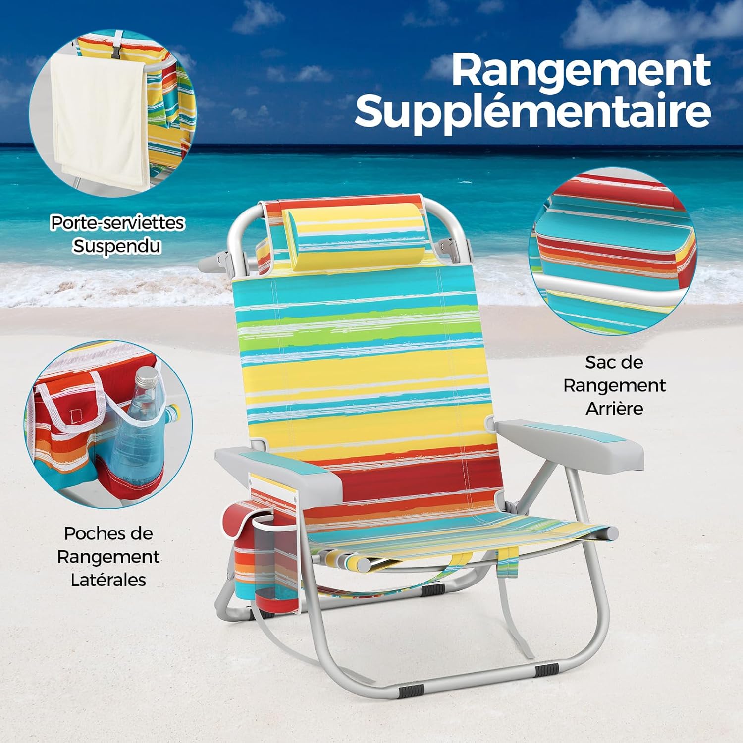 Cadeira de praia dobrável, porta-copos, porta-toalhas, almofada para a cabeça, carga máxima de 150 kg (62 x 54 x 80 cm, riscas azuis claras, 2) - 6