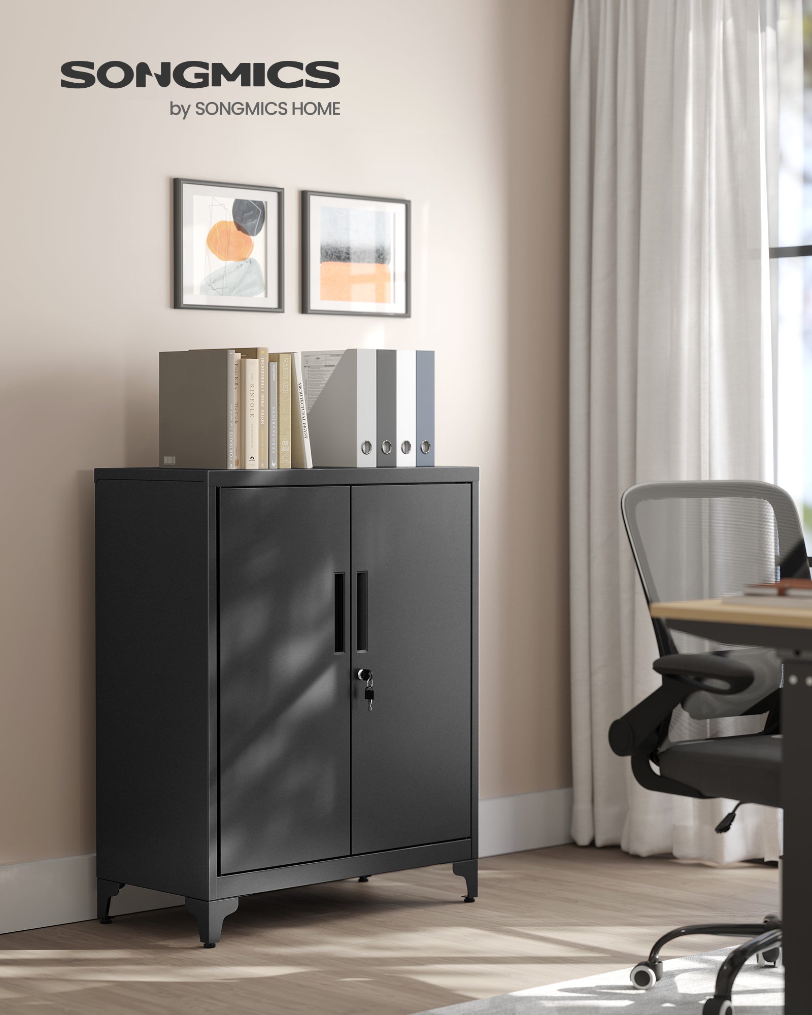 Caisson de Bureau, Placard Polyvalent, Armoire de Bureau à 2 Portes, Verrouillable, Meuble de Rangement en Acier, Gris - 2