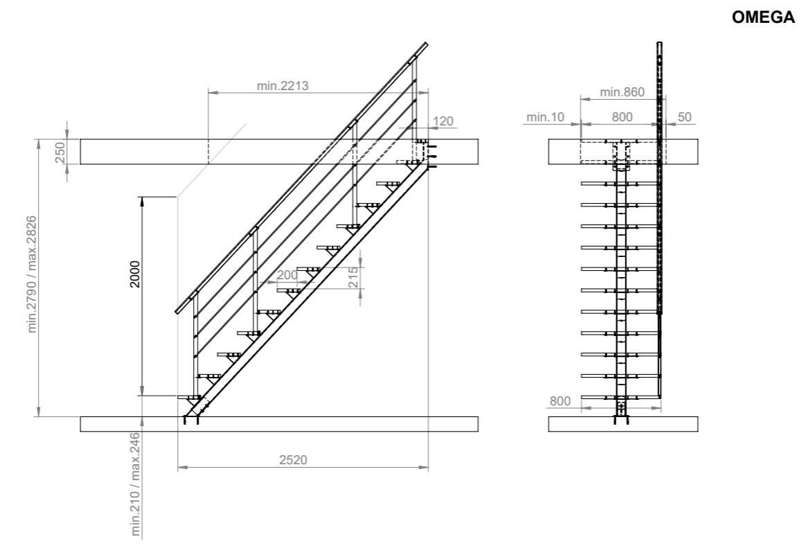 Escalier OMEGA à limon central – Pour hauteurs de 279 à 284 cm – Escalier droit en métal avec 13 marches en hêtre - 7