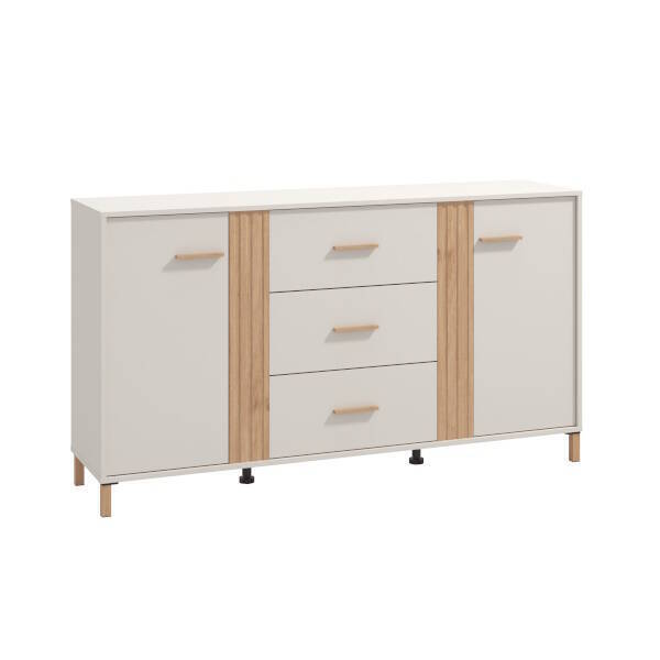 Aparador em melamina cor cashmere e carvalho Artisan com portas e 3 gavetas – 163,5 x 40 x 90,5 cm, frentes com efeito ripado em relevo