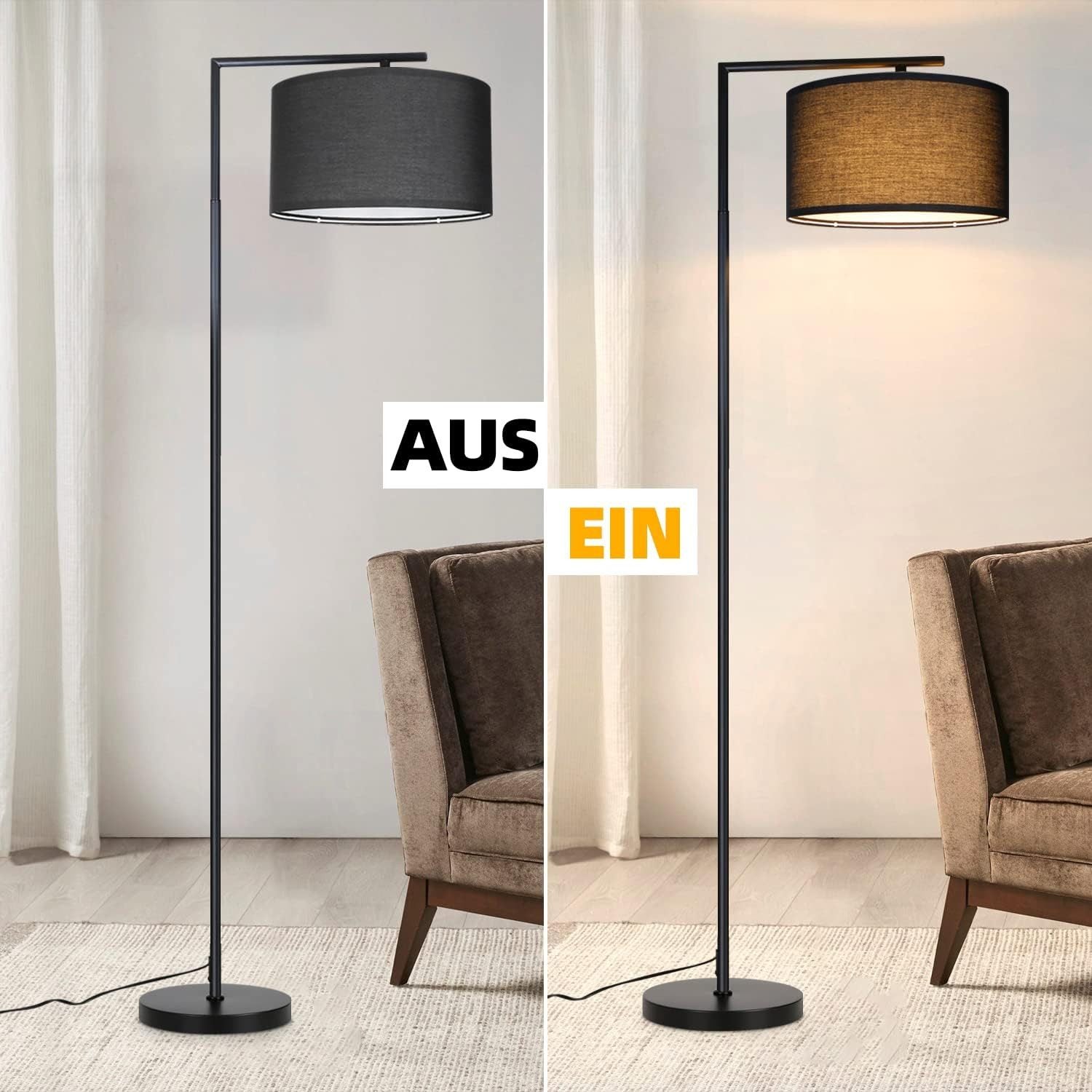 NETTLIFE Czarna lampa podłogowa do salonu: nowoczesna designerska tkanina, gniazdo E27 o mocy max 40W z włącznikiem nożnym - 3