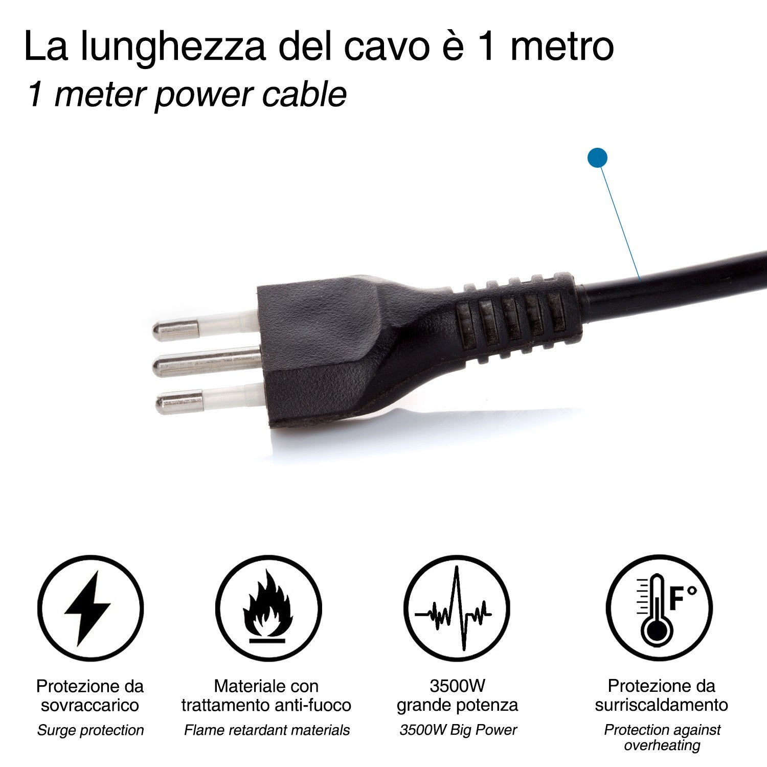 Multiprise italienne 6 schuko + 10/16A. Avec interrupteur, câble 1m et fiche 16A - 4