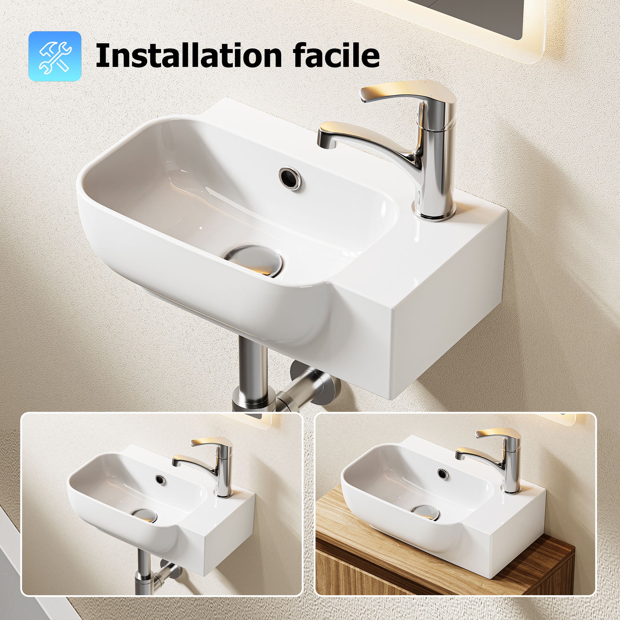 Lavabo mural, vasque à poser, lave-mains mural, vasque 40,3 x 24,9 x 14 cm avec trou pour robinet et trop-plein HOROW - 4