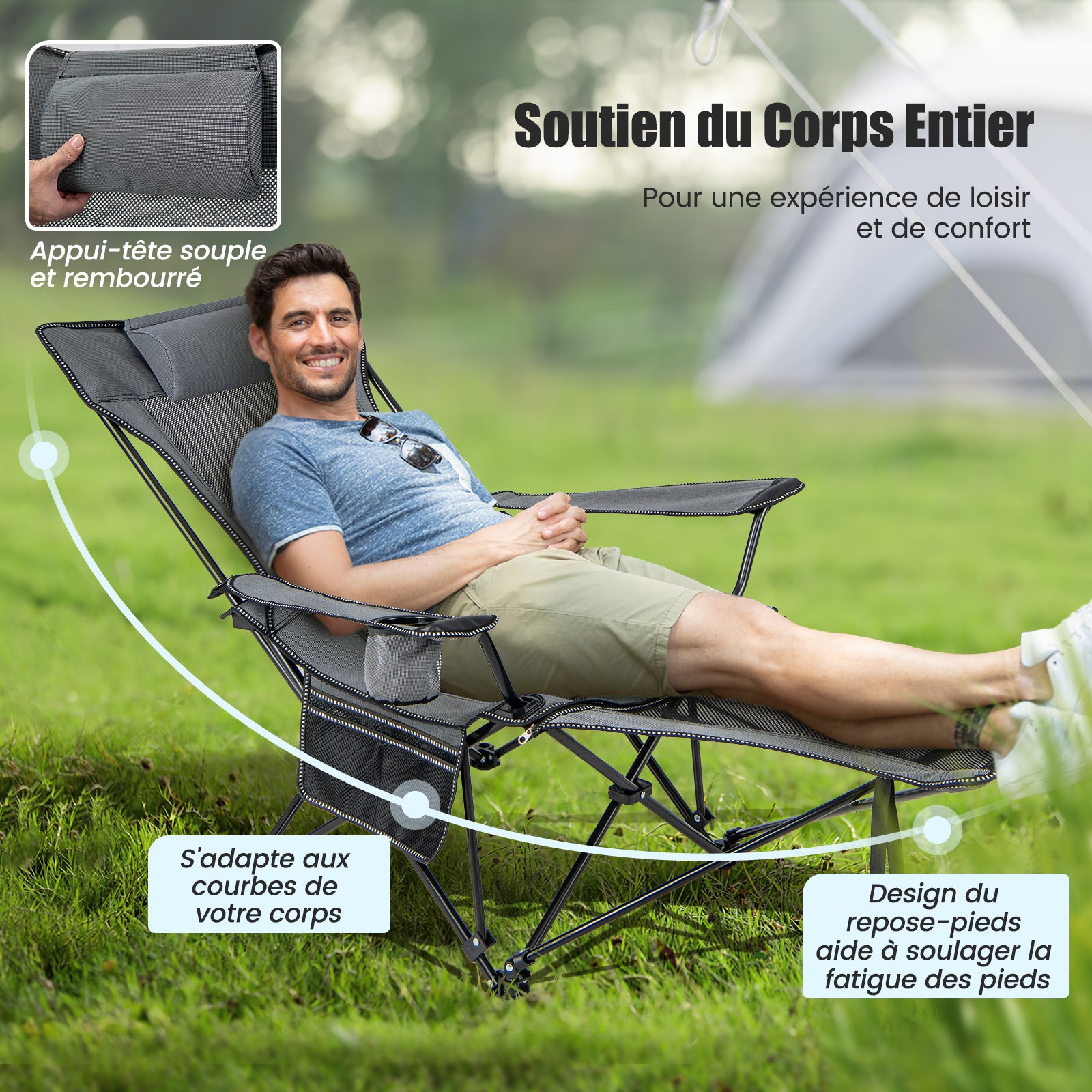 Chaise de Camping Pliable,Chaise Longue de Plage avec Repose-Pieds Et Appui-Tête,Charge 150 KG,Gris - 6