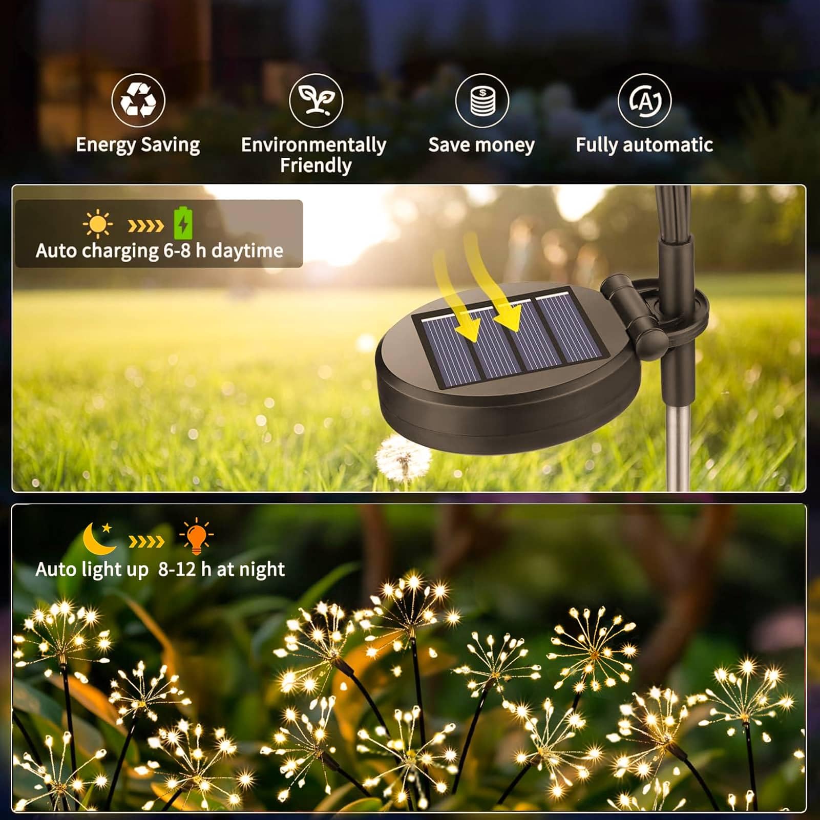 Lampe Solaire Exterieur Jardin 2 Pièces LED Feu d'artifice Solaire, 8 Modes Éclairage Extérieur Luciole Solaire, Étanche Lumière Solaires pour Jardin - 3