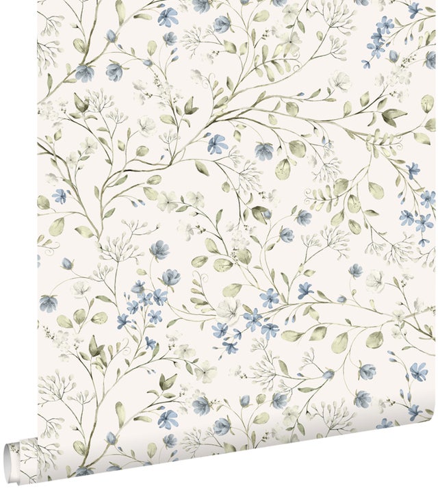 Tapeta kwiaty szaro zielonym,niebieskimIbiałym - 50 x 900 cm - ESTAHOME