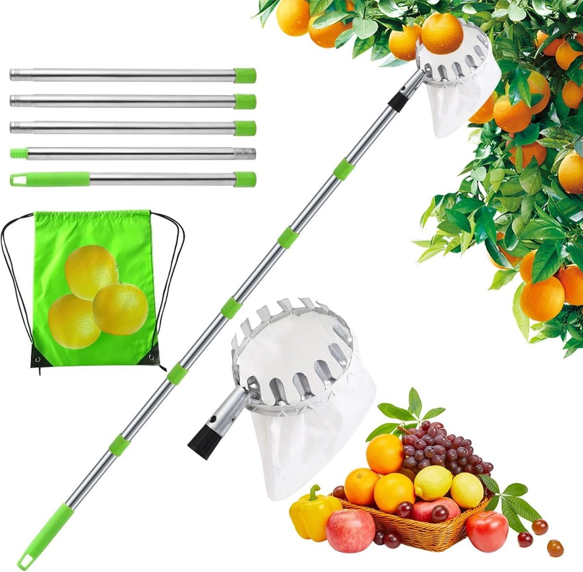Culegător de fructe, Cu geantă de depozitare-cireșe cu geantă de bumbac-Culegător de prune cu mâner telescopic-Potrivit pentru casă, livadă