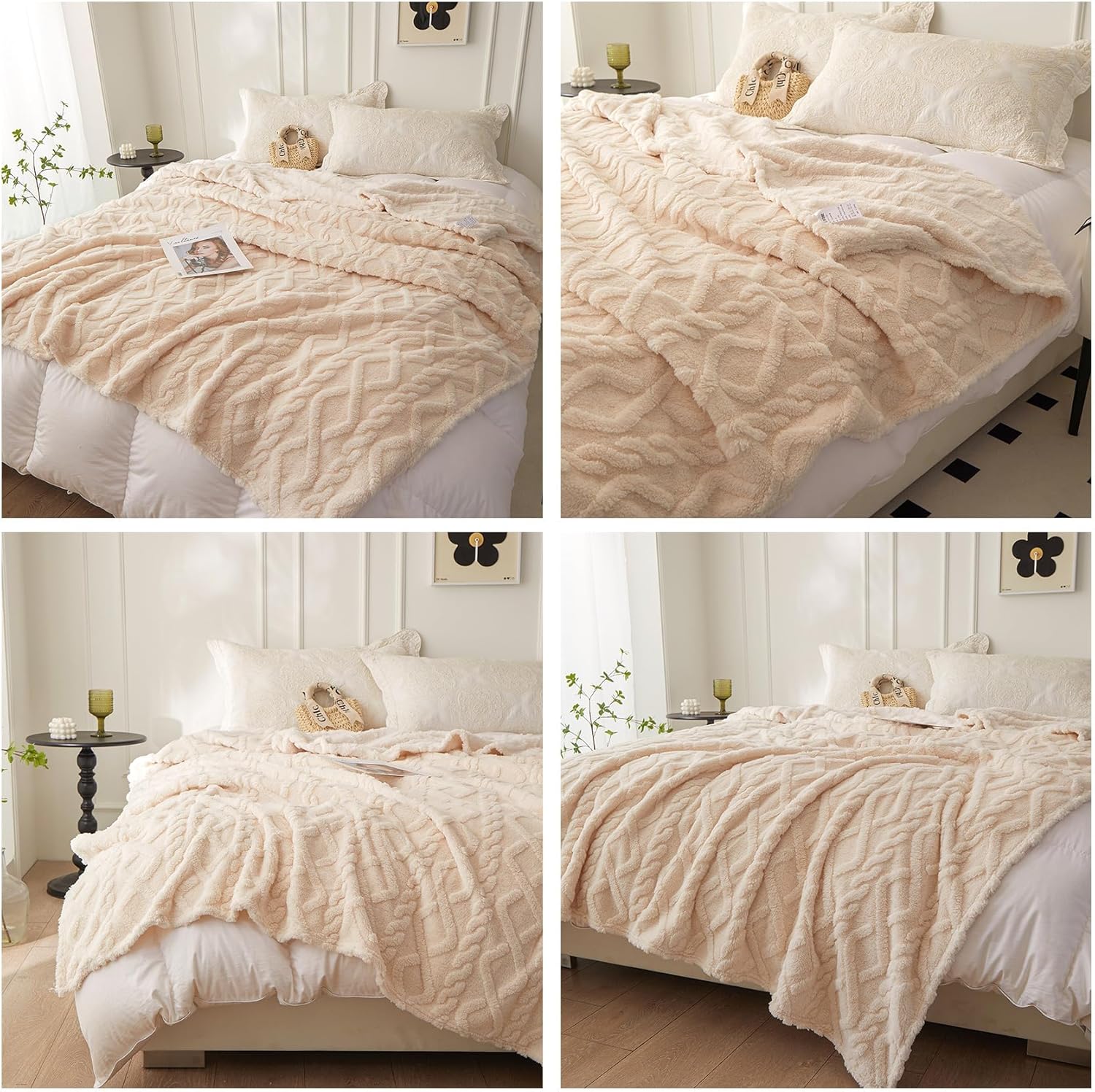 Couverture de canapé chaude en flanelle, couverture en tricot torsadé 3D, couverture de lit en polaire microfibre moelleuse, 150*200CM,beige - 5