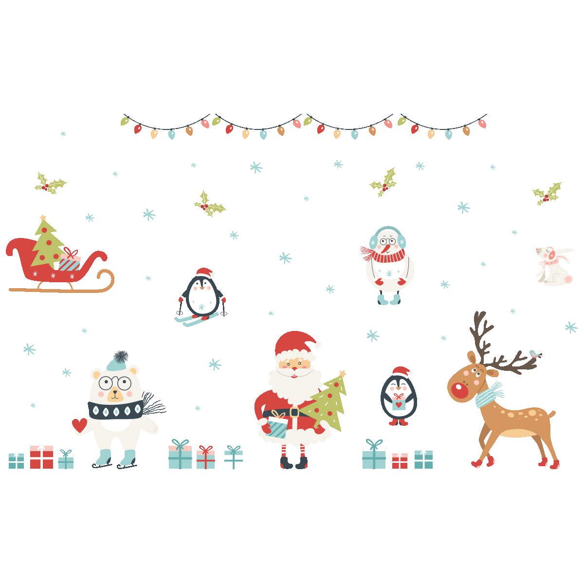Sticker Noël le père noël et les animaux sous la neige de noël - Autocollants stickers adhésifs noël - décoration fêtes - 60x90cm - 2