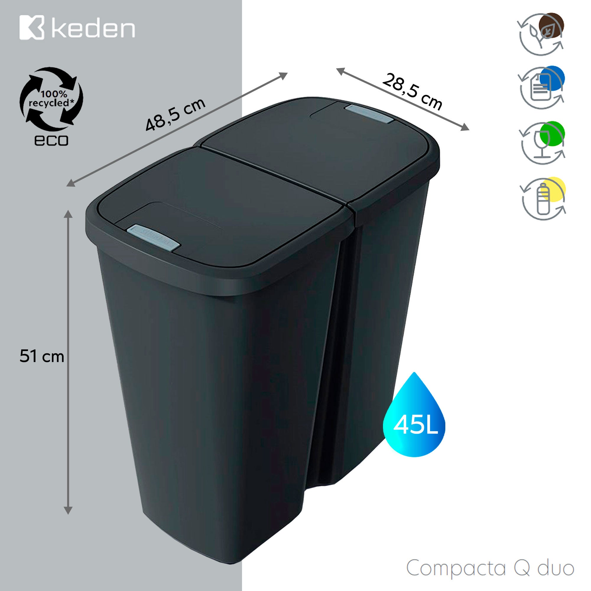 Cestino de 2 coperchi indipendenti Black Keden di 45L. - 2
