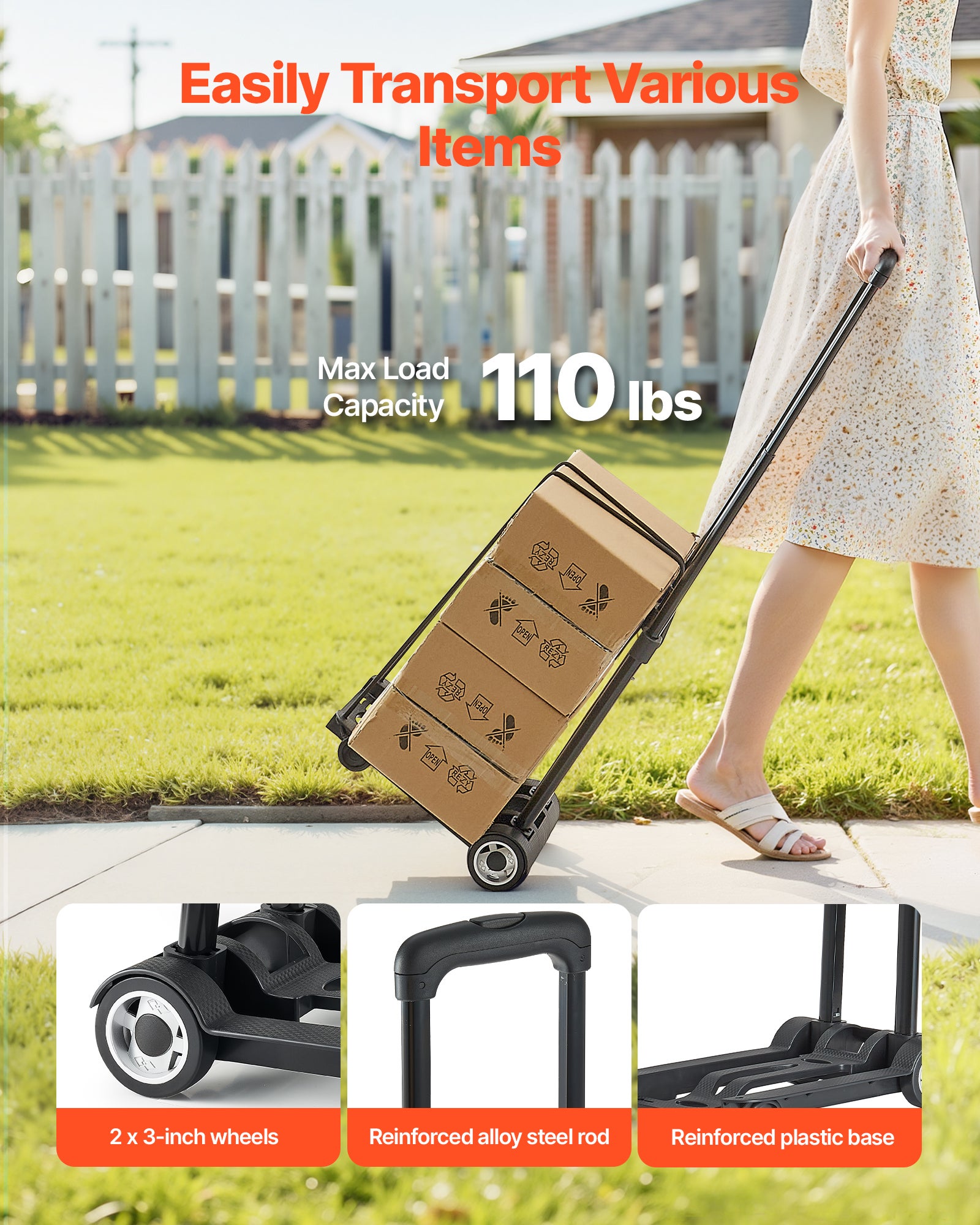 Diable pliant 2 roues VEVOR, chariot pliable, capacité 49,9 kg, 1 corde élastique, plateforme utilitaire pour déménagement, bureau, noir - 2