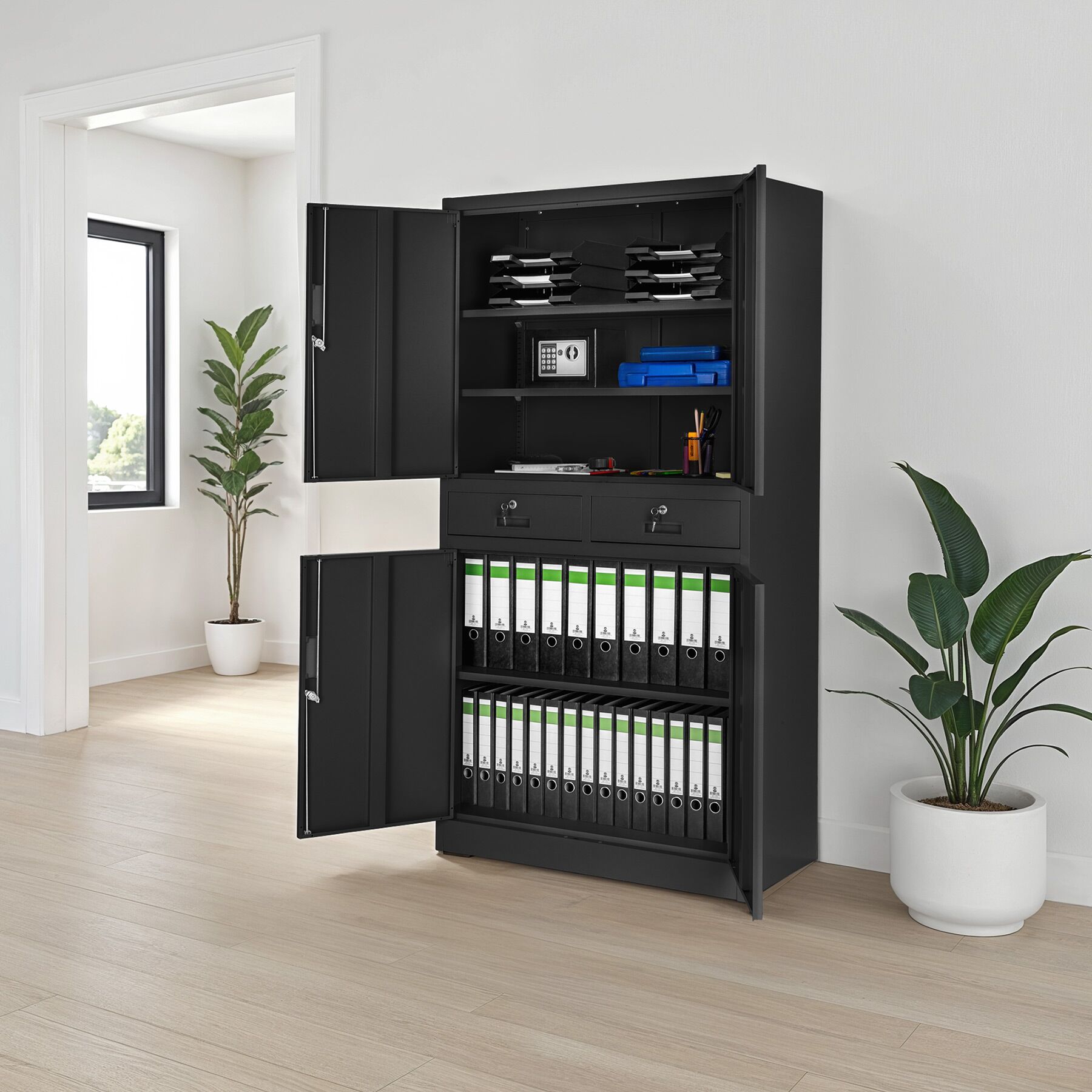Armoire de classement en métal, compartiments avec étagères réglables, portes renforcées, verrouillable, noir TECTAKE - 2
