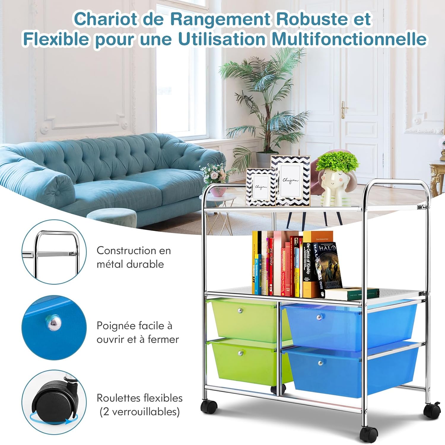 Carrello Portaoggetti con Ruote, 4 Cassetti, Carrellino Organizzatore Salvaspazio, per Uffici, Parrucchieri, 63,5 x 37 x 75 cm (Verde) - 8