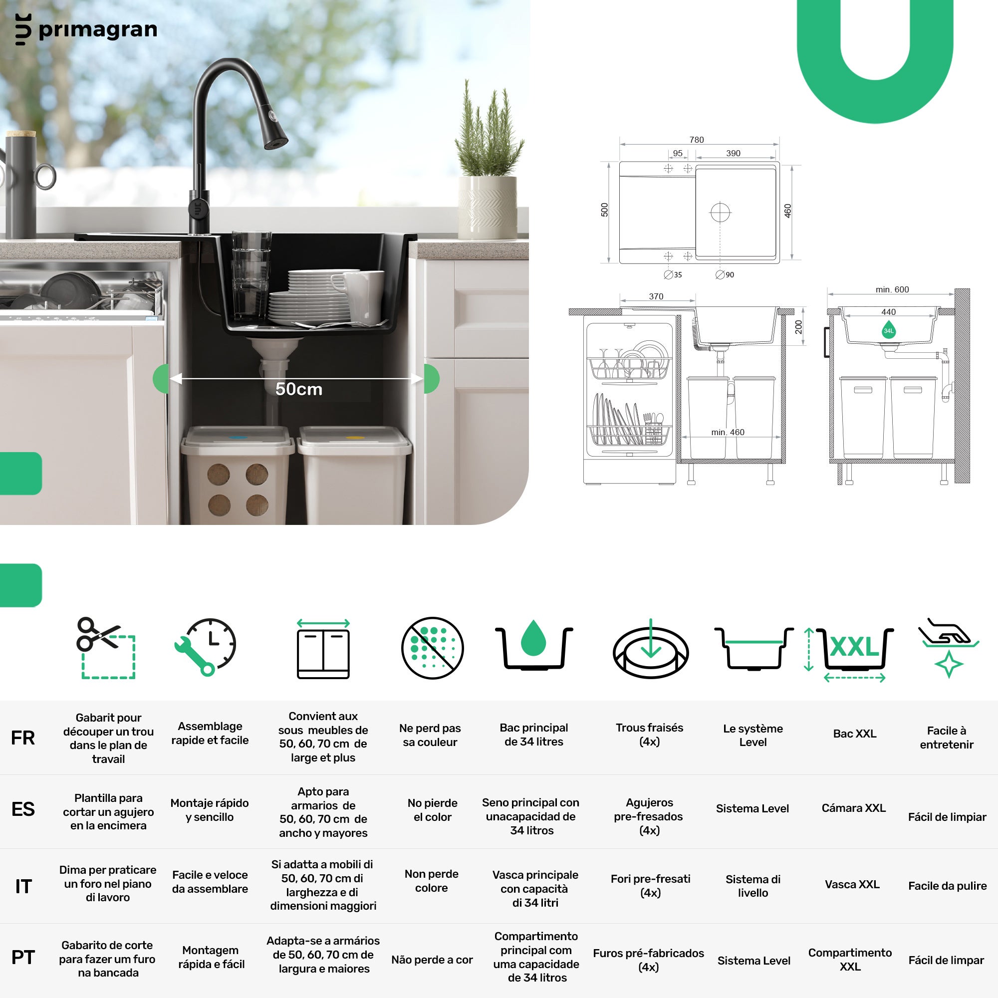 Lavandino da Cucina Nero 78x50cm, Lavello in Granito a 1 vasca + Sifone Classico + Accessori, Lavabo da Cucina Incasso al mobile 50cm PRIMAGRAN - 6