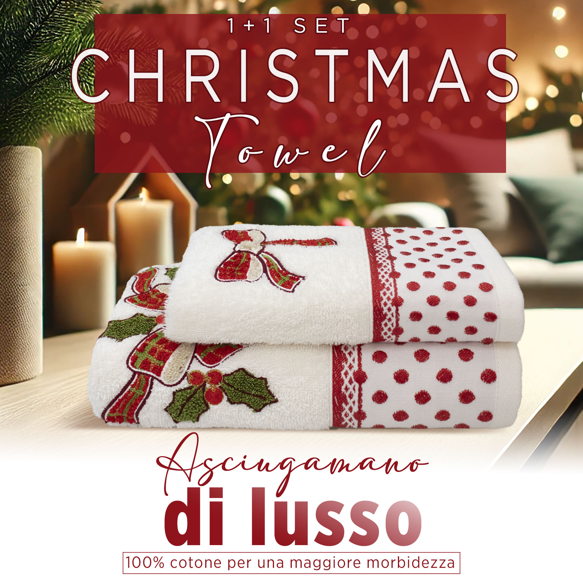 Asciugamani Natalizi Bagno set 1+1 in Spugna di Cotone Decoro Natale 6983 - 2