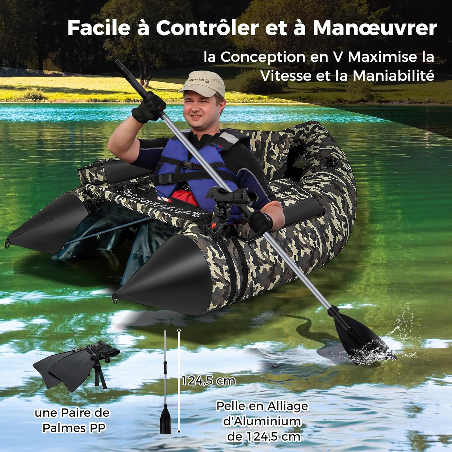 Barco de Pesca Inflável com Encosto e Pagaia, Barco Inflável com Régua para Peixes, Suporte para Cana, Bolsos de Armazenamento, Remos e Bomba. - 7