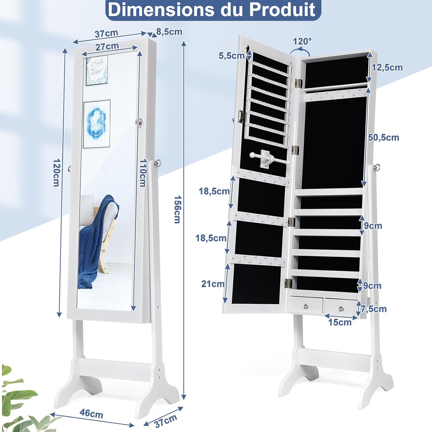 Armoire a Bijoux sur Pied avec Miroir Inclinable en 4 Positions, Armoire de Rangement Cosmetiques Verrouillable de Grande Capacite avec 6 Etageres - 6