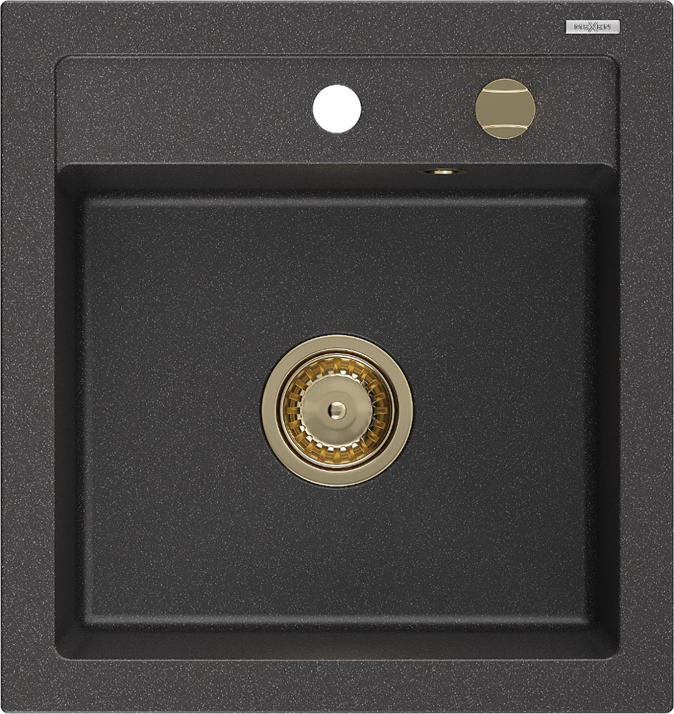 Mexen Vito zlewozmywak granitowy 1-komorowy 520 x 490 mm, czarny nakrapiany, syfon złoty - 6503521000-76-G