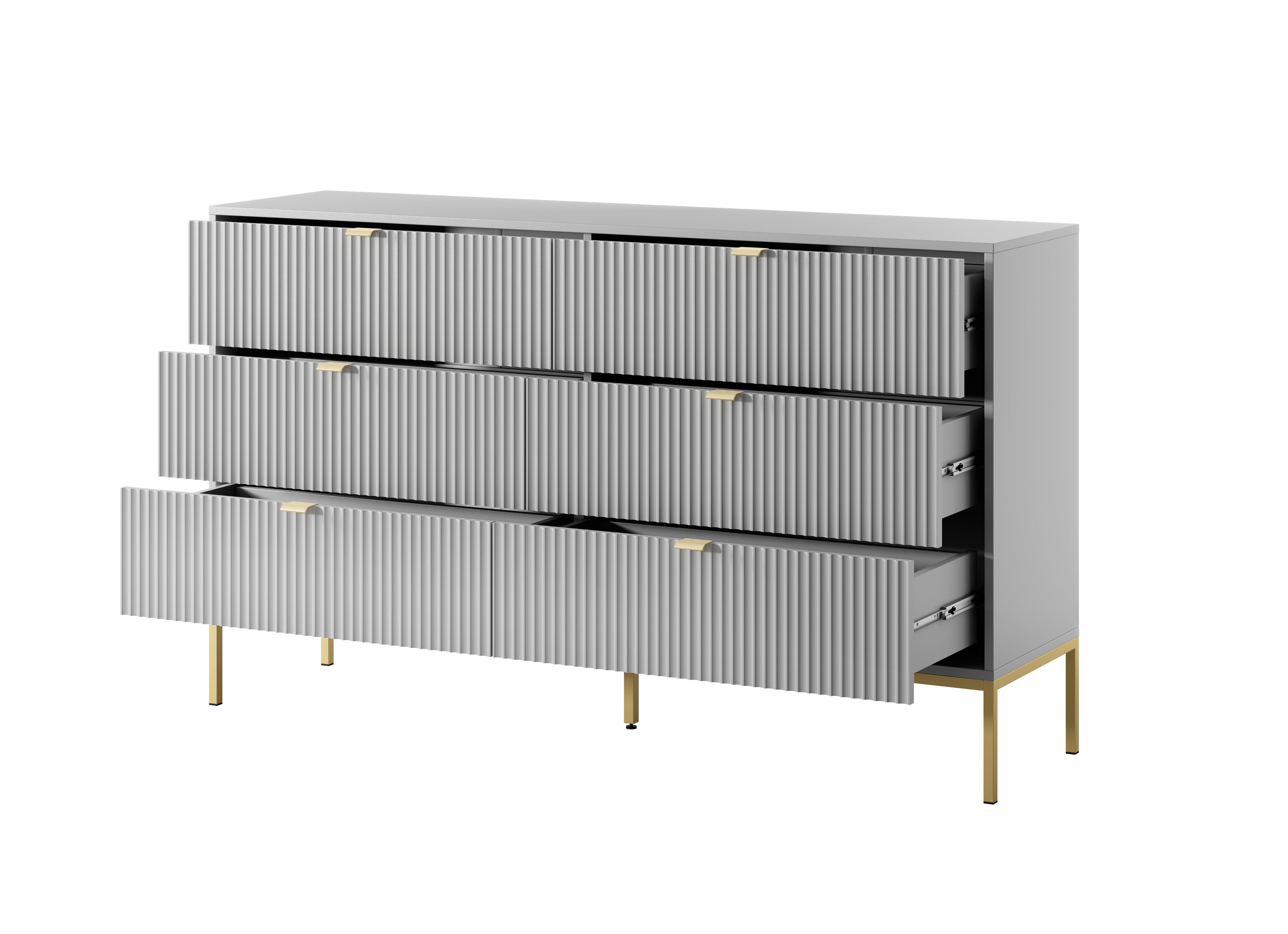 Komoda: 6 szuflad, kolor szary, nogi złote, 154 x 39 x 83 cm, uchwyty złote - 3