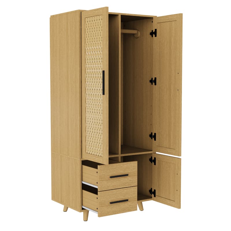 Móvel de arrumação madeira carvalho, portas rattan, 2 gavetas, 1 compartimento, estilo escandinavo, pés madeira, para quarto e sala. - 9
