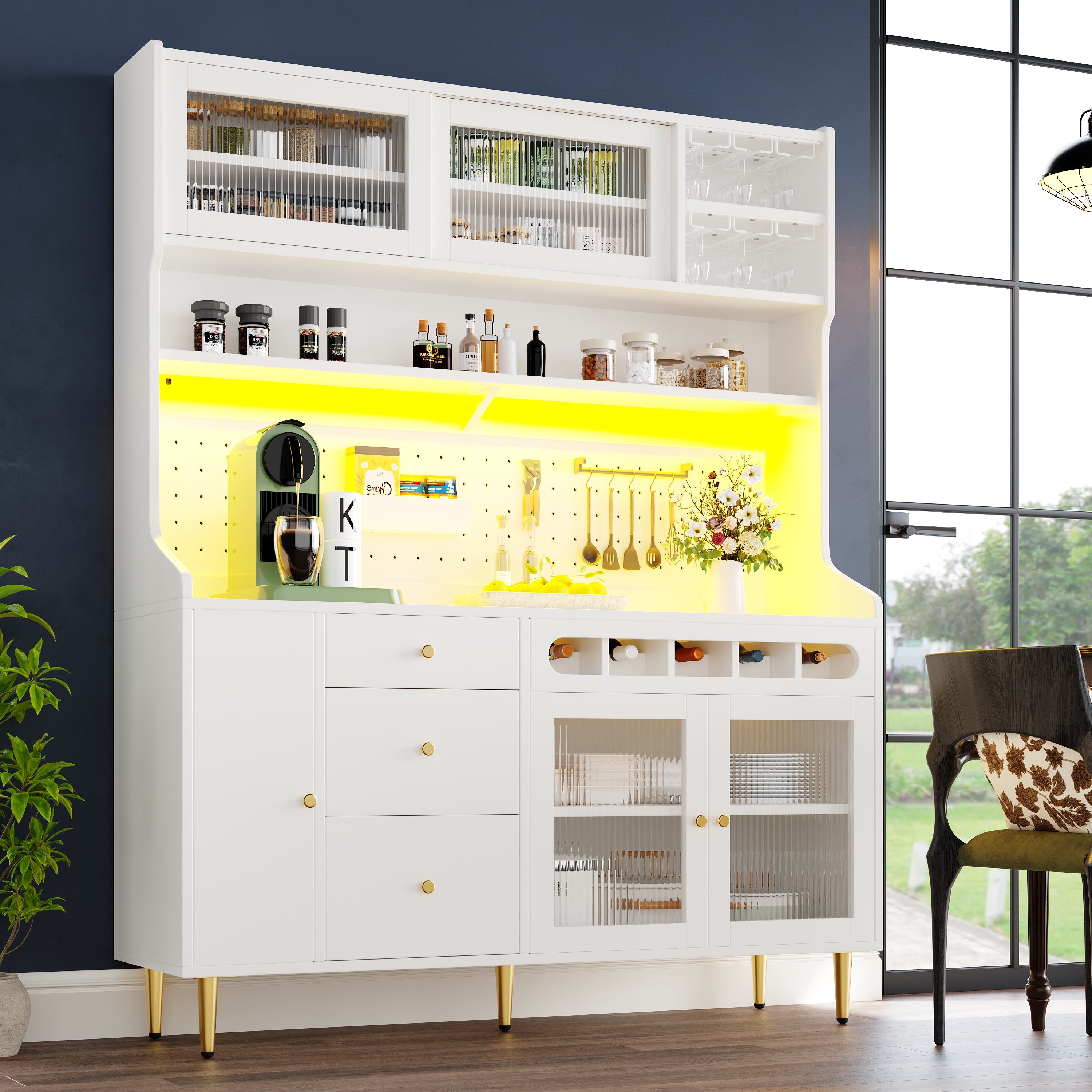 Buffet De Cuisine Blanc 140x38x180cm, Armoire Avec LED, Roulettes, Casier À Verres Et Bouteilles Pour Salon Et Salle À Manger - Maison