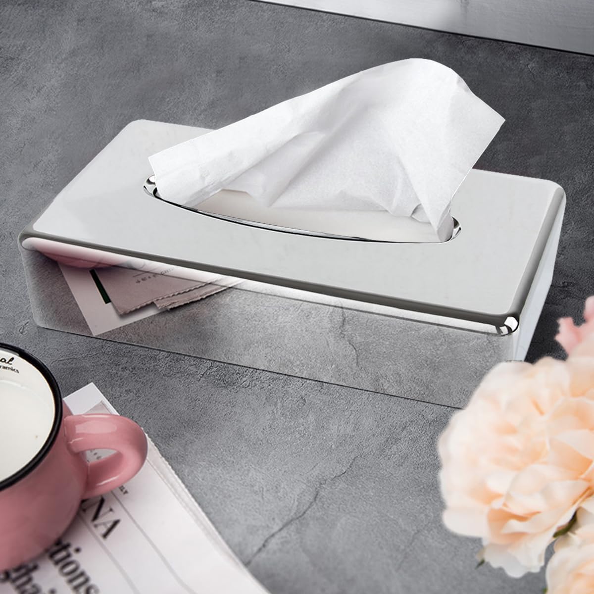 Prostokątny uchwyt na chusteczki z lusterkiem - Do domu, biura i samochodu - Srebrny - 5