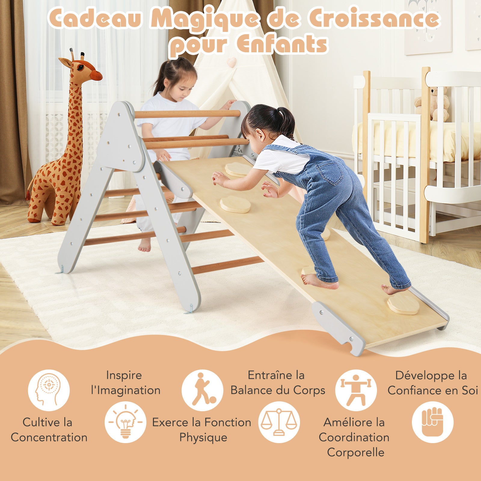 7 en 1 Triangle Arche Montessori, Arche d'escalade Enfants avec Toboggan Bois,Rampe, Échelle Réglable, pour Tout-Petits Bébé 1 Ans+(Gris Naturel) - 5
