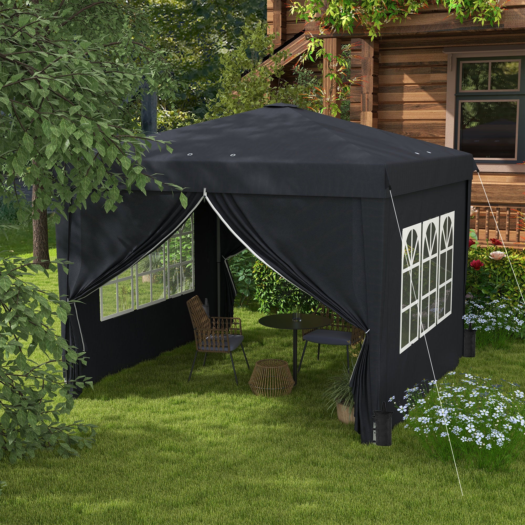 Gazebo da giardino 3x4 m con tende rimovibili e doppio tetto crema