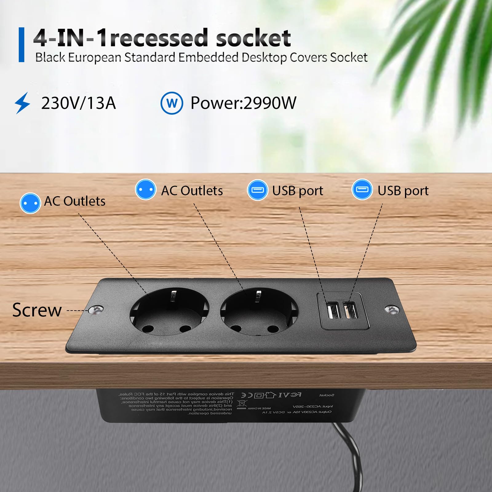 Multiprise encastrée bureau USB-C/A, coupe-feu, Câble de 1.5 m pour table de chevet - 4