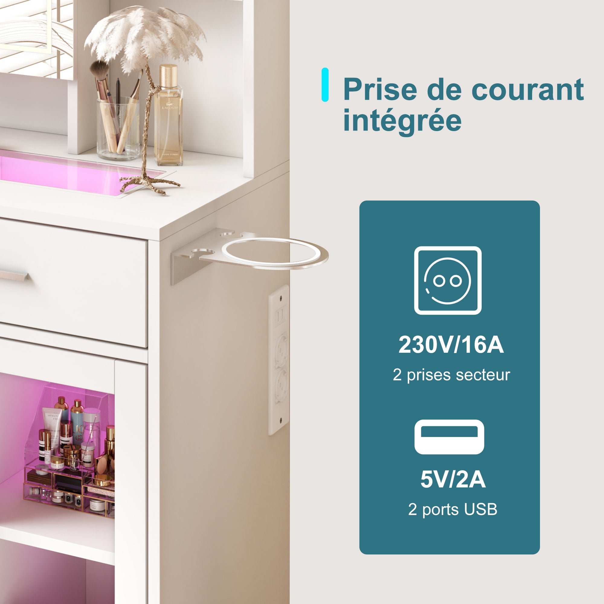 Coiffeuse avec éclairage, luminosité réglable, casiers visuels, miroir LED, avec prises, coiffeuse avec 2 tiroirs, 5 compartiments ouverts, blanche - 5
