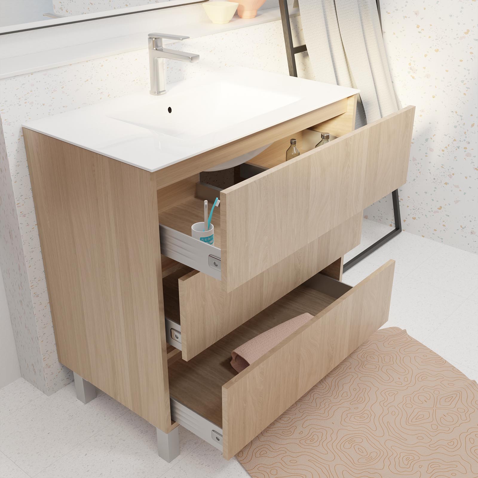 Pack Meuble Salle de Bains 80 cm Chêne Clair, 3 tiroirs avec Vasque Céramique - XENOS - 2