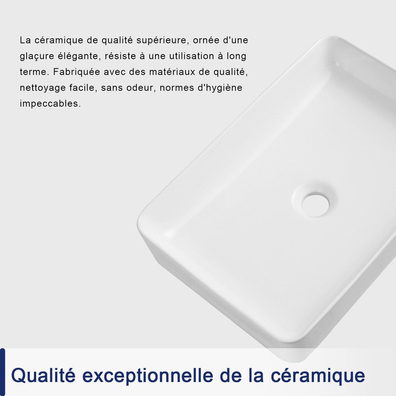 Vasque à poser rectangulaire en céramique blanche 50,5 x 34 x 11 cm – Pour salle de bain – DeerValley - 5