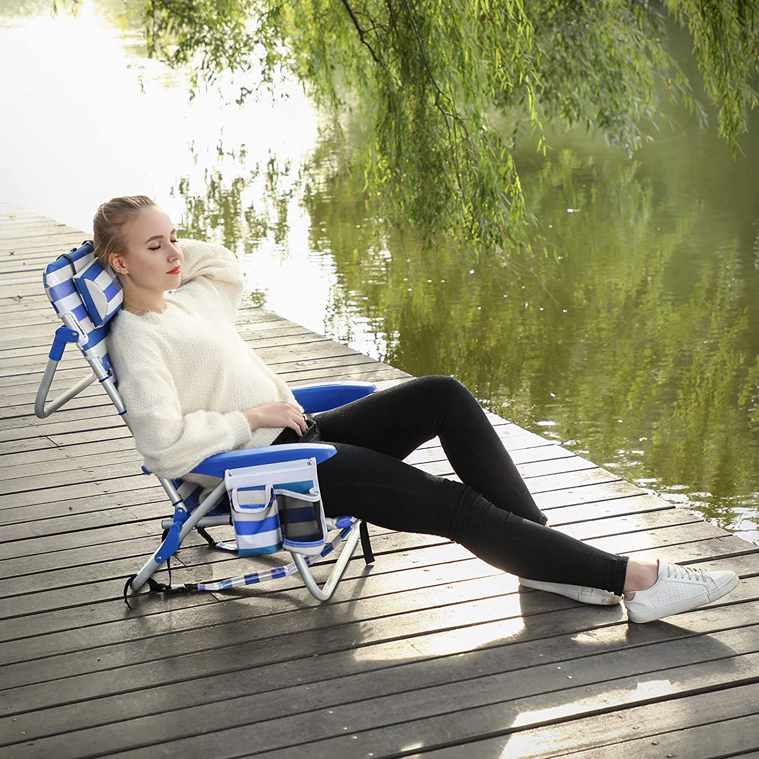 Chaise de Plage Portable,Lot de 2,Pliable, Dossier Inclinable jusqu'à 180°, Rayures Bleu et Blanches - 2