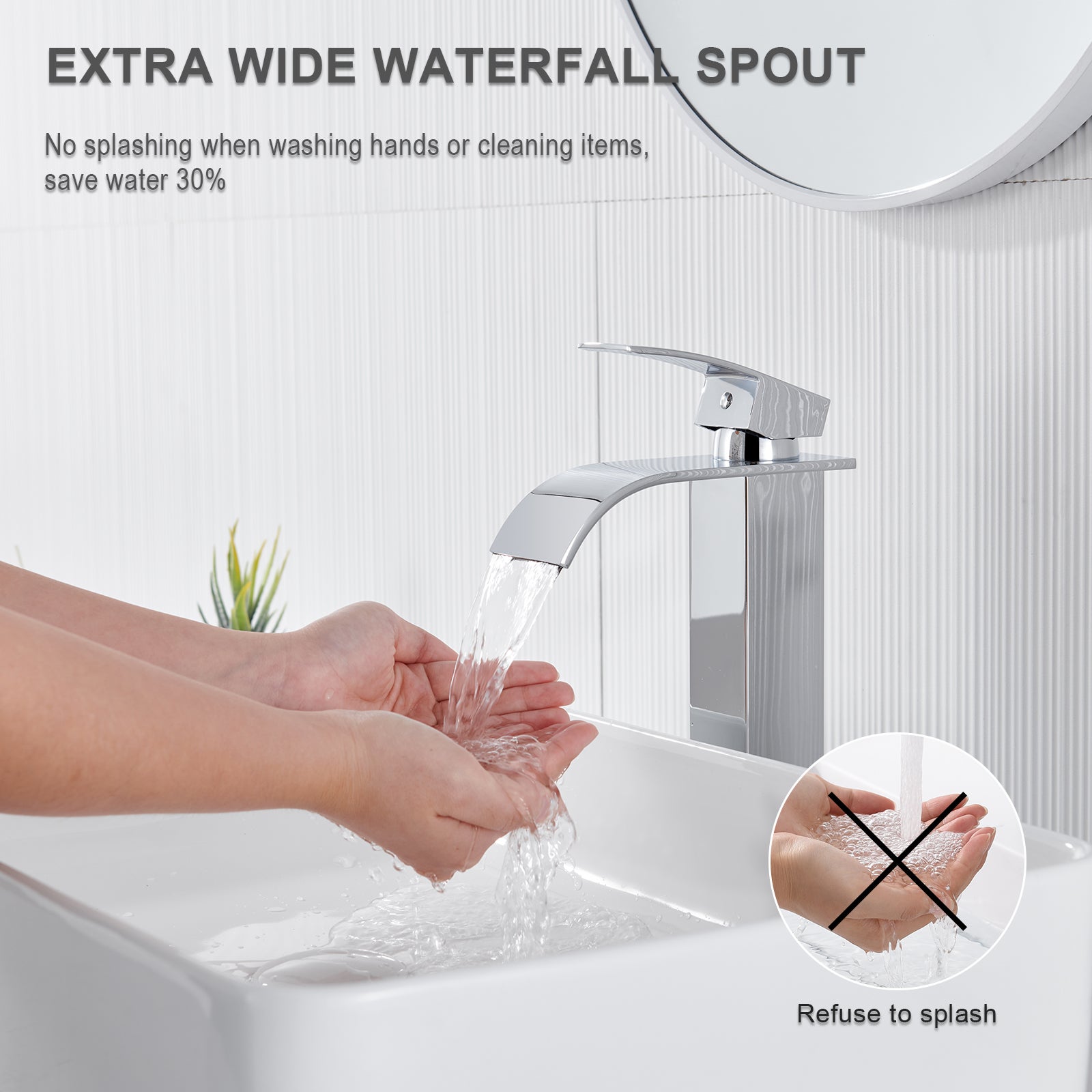 Auralum Max Moderne Robinet de Lavabo Cascade Haut,Design Elégant,Mitigeur Monocommande Lavabo en Inox 304,Eau Chaude/Froide Disponible,Chromé - 3
