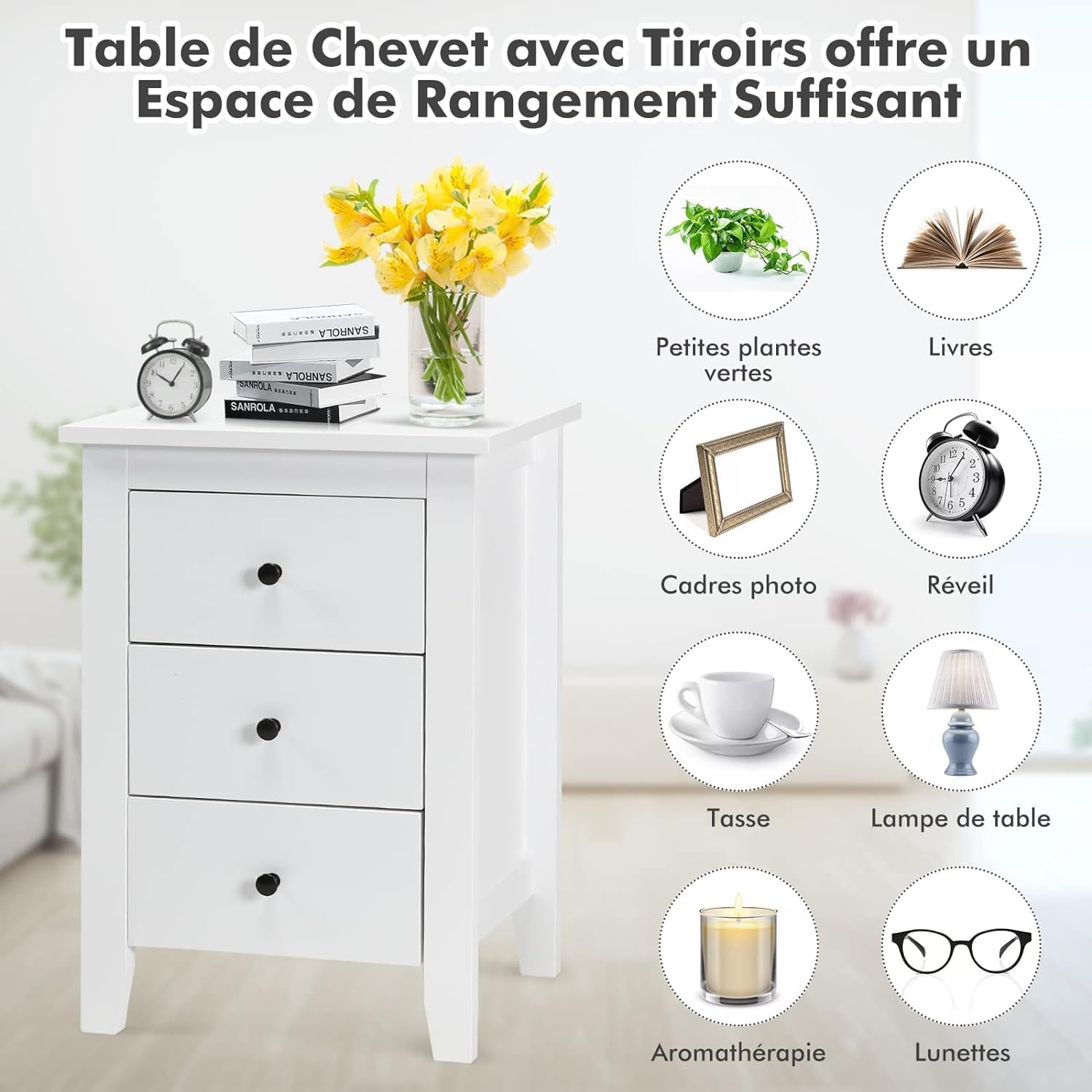 Juego de 2 Mesitas de Noche de Madera, Mesa de Noche con 3 Cajones de Almacenamiento Espaciosos, Mueble de Almacenamiento Moderno para Dormitorio - 5