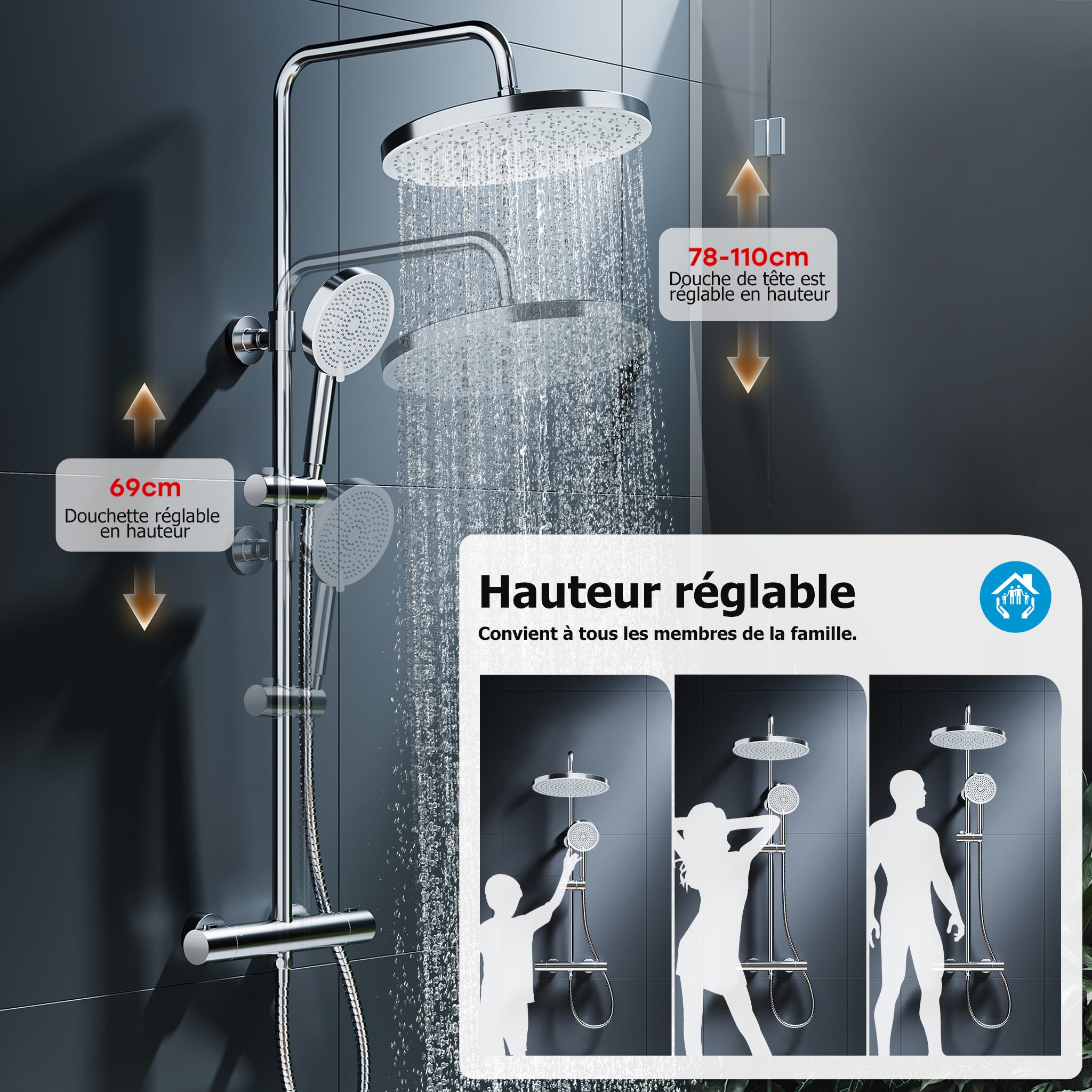 HOROW Ensemble de Douche Thermostatique, Ensemble Douche avec 5 modes, kit de douche effet pluie chromé, valve en laiton, hauteur réglable - 2