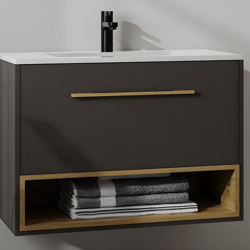 Szafka łazienkowa wisząca w kolorze antracytowym z wbudowaną umywalką - 80 cm - YANGRA