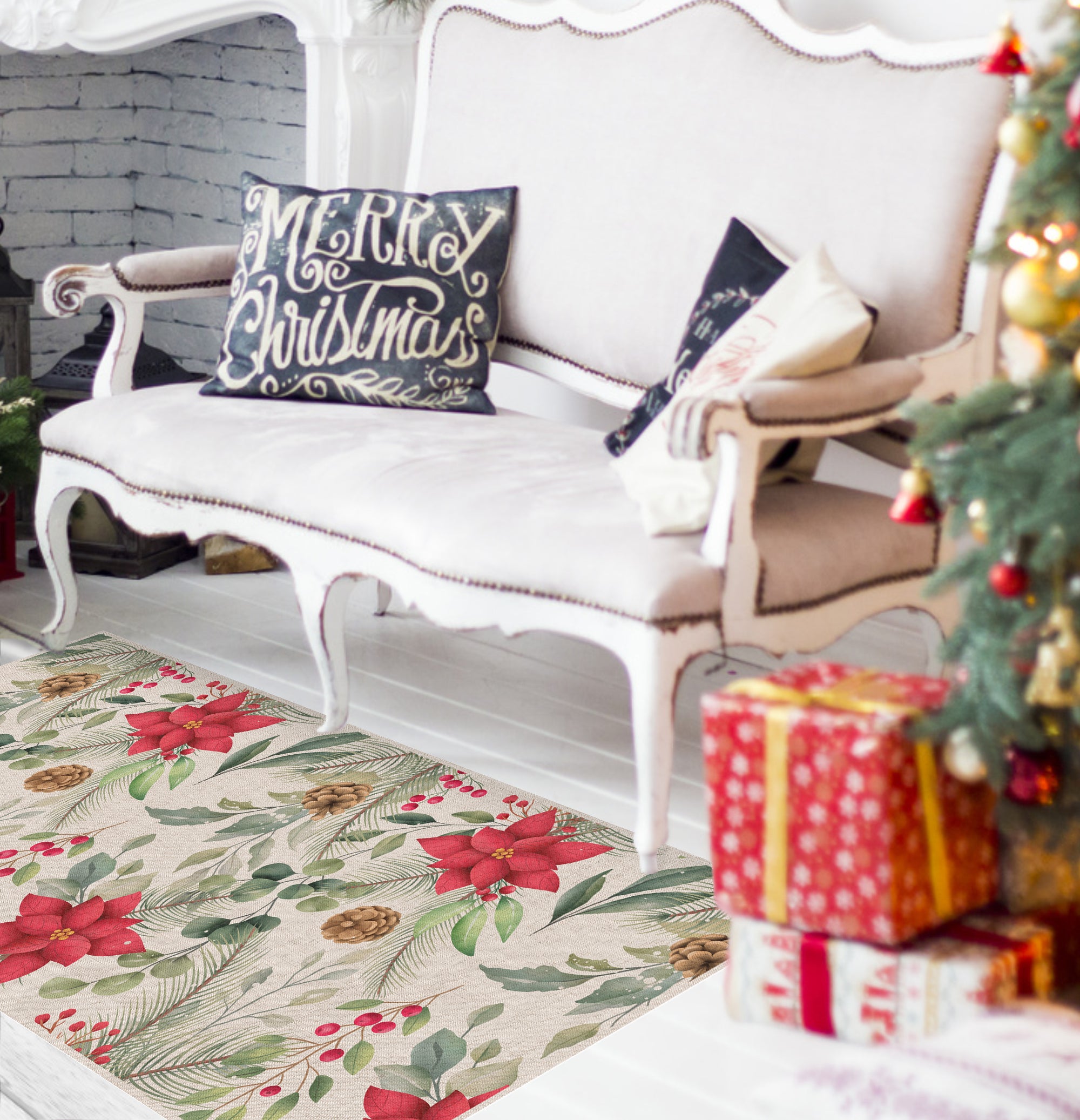Winylowy dywan Poinsettia 65x150 cm - antypoślizgowy PVC, wodoodporny, zmywalny, ognioodporny, w świątecznym stylu