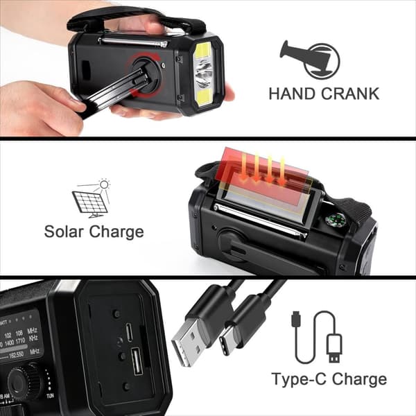 Radio de emergencia con linterna: radio de manivela con energía solar de 10 000 mAh, radio AM/FM/WB, alarma SOS, carga USB-C y brújula incorporada - 9