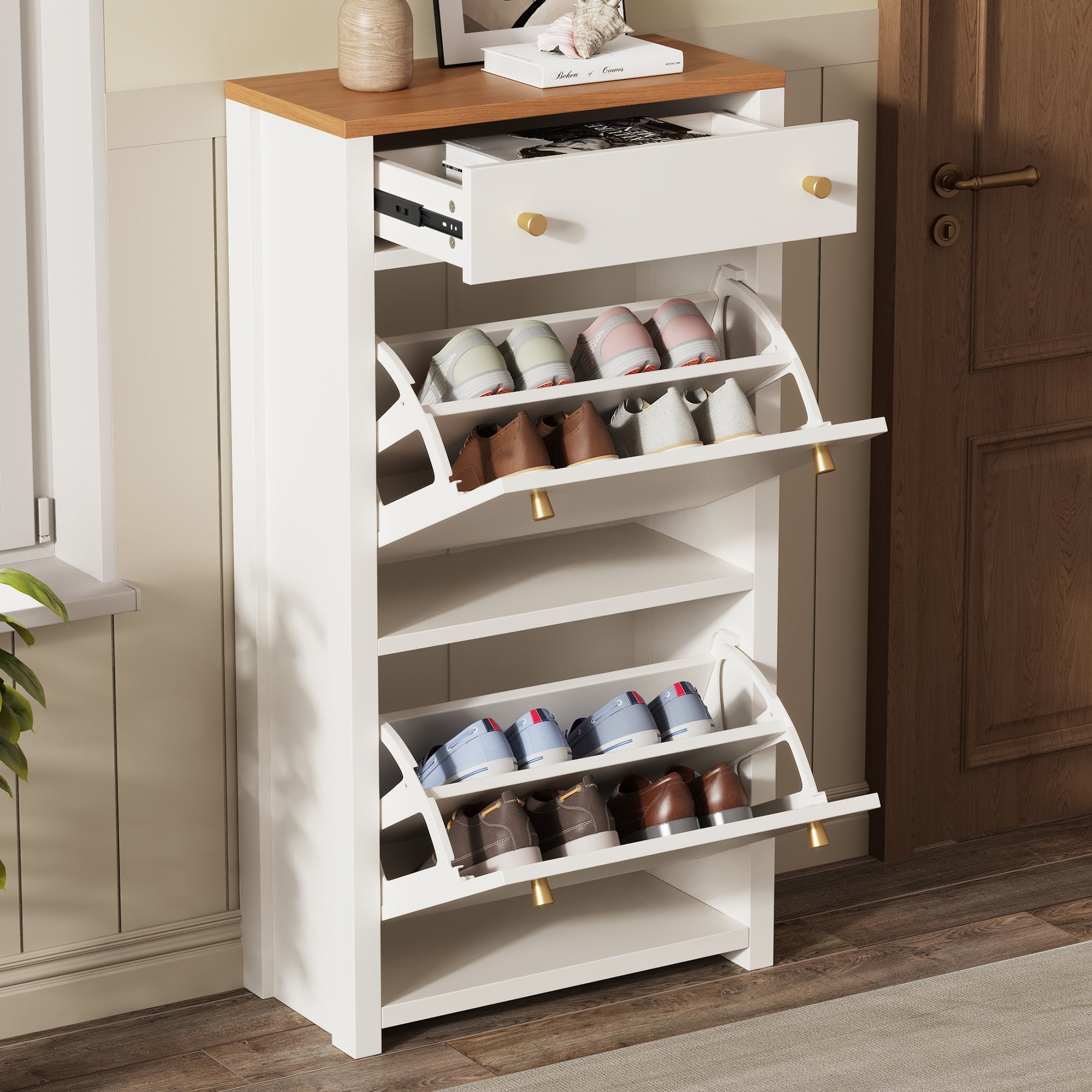 Szafka na buty z 2 drzwiami opuszczanymi, szufladą i regulowanymi półkami – MDF – 50 x 25 x 95 cm – imitacja białego drewna - 5