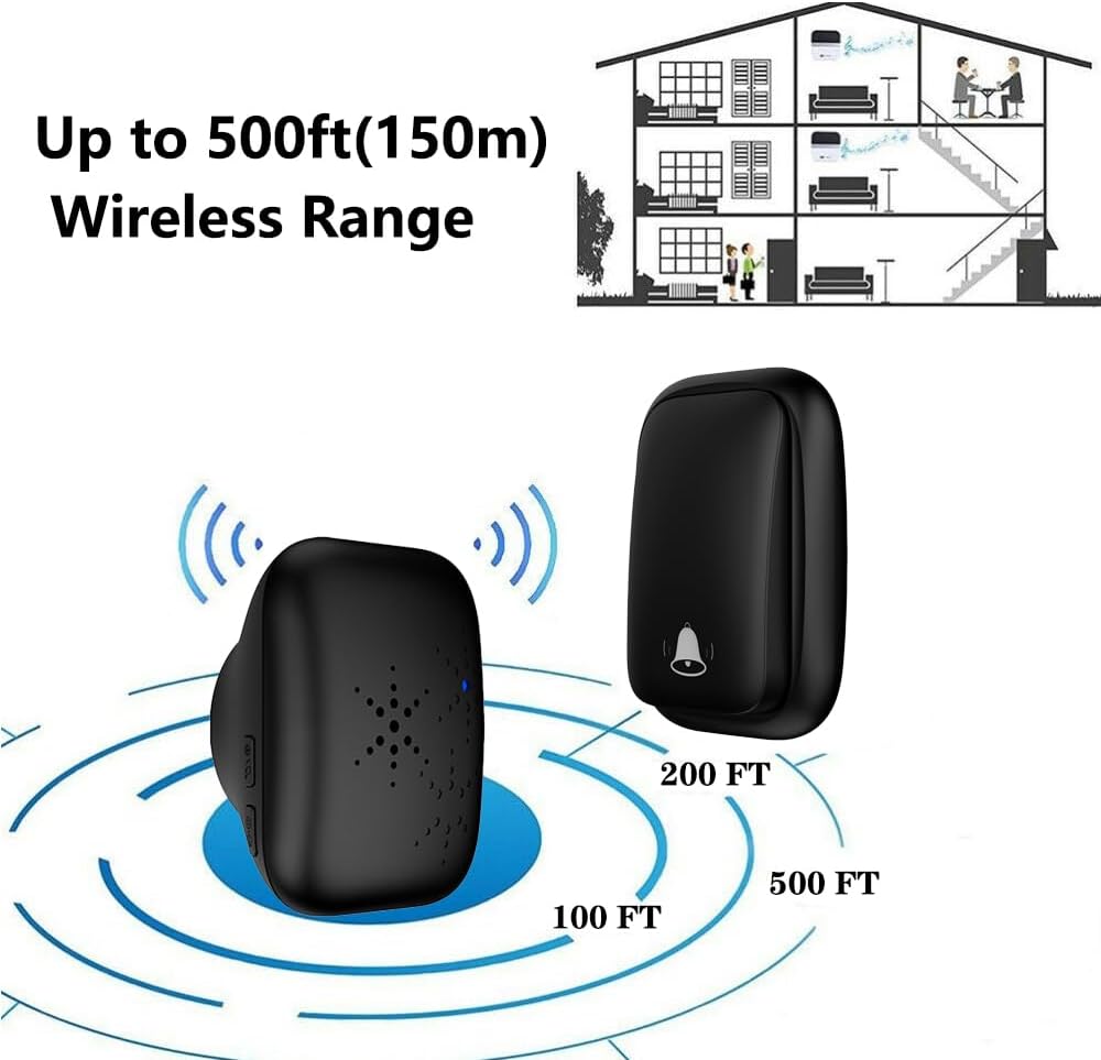 Campanello wireless per esterni - 1 ricevitore, 1 trasmettitore - Regolazione del volume a 4 livelli - 36 suonerie - Nero - 4