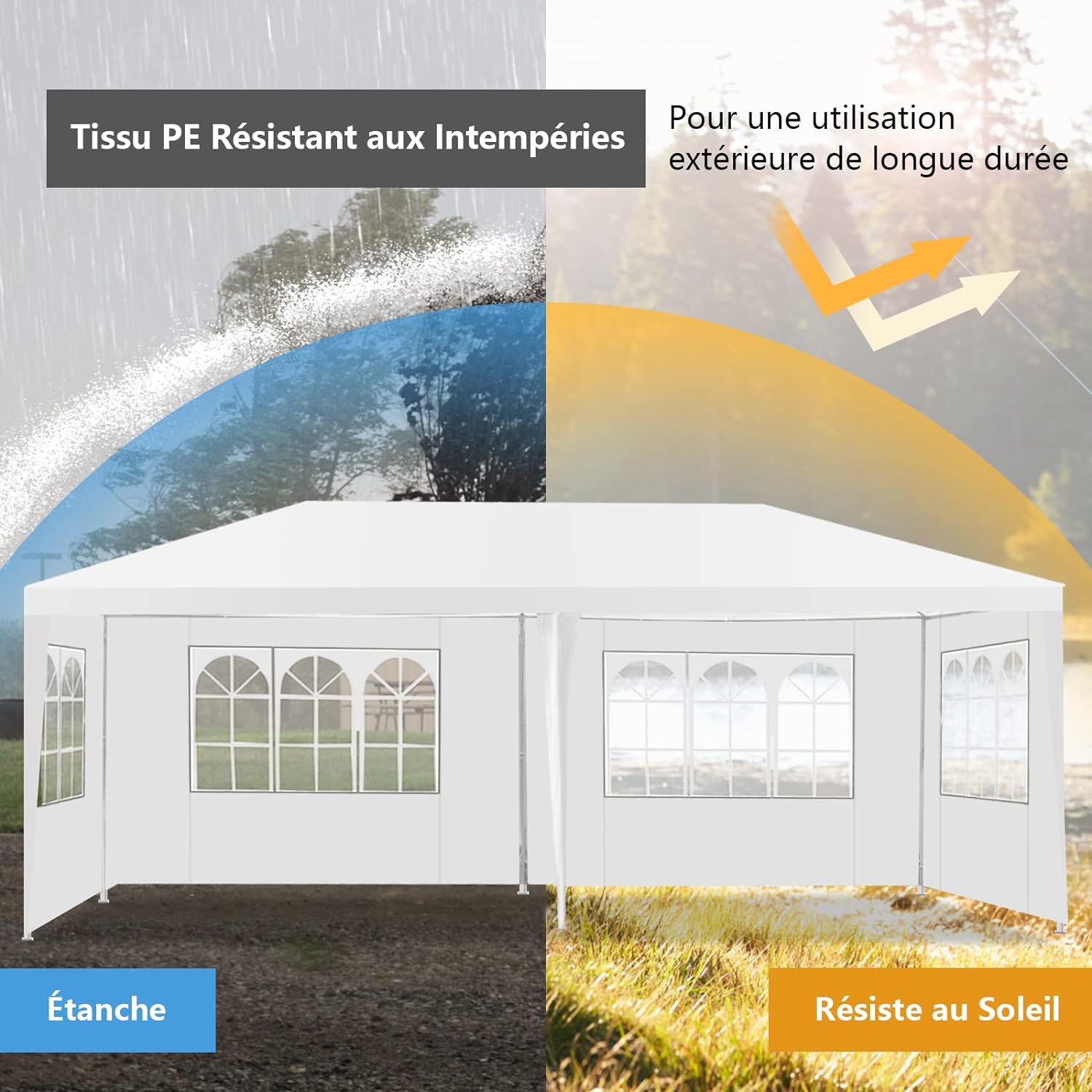 3 x 6 m carpa de jardín con ventanas, tienda de recepción protección contra el sol y la lluvia, carpa de cenador para acampada (3x6m, 4 lonas - 4