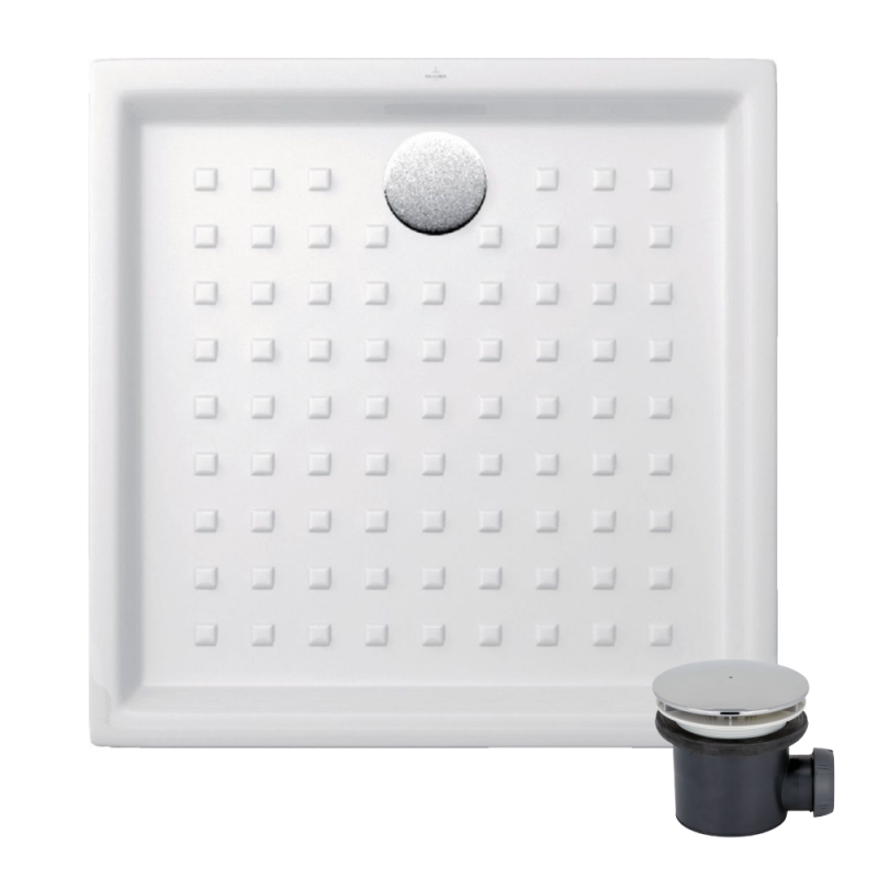 Pack plato de ducha 90 x 90 villeroy & boch o novo cerámica cuadrada blanca con desagüe d90