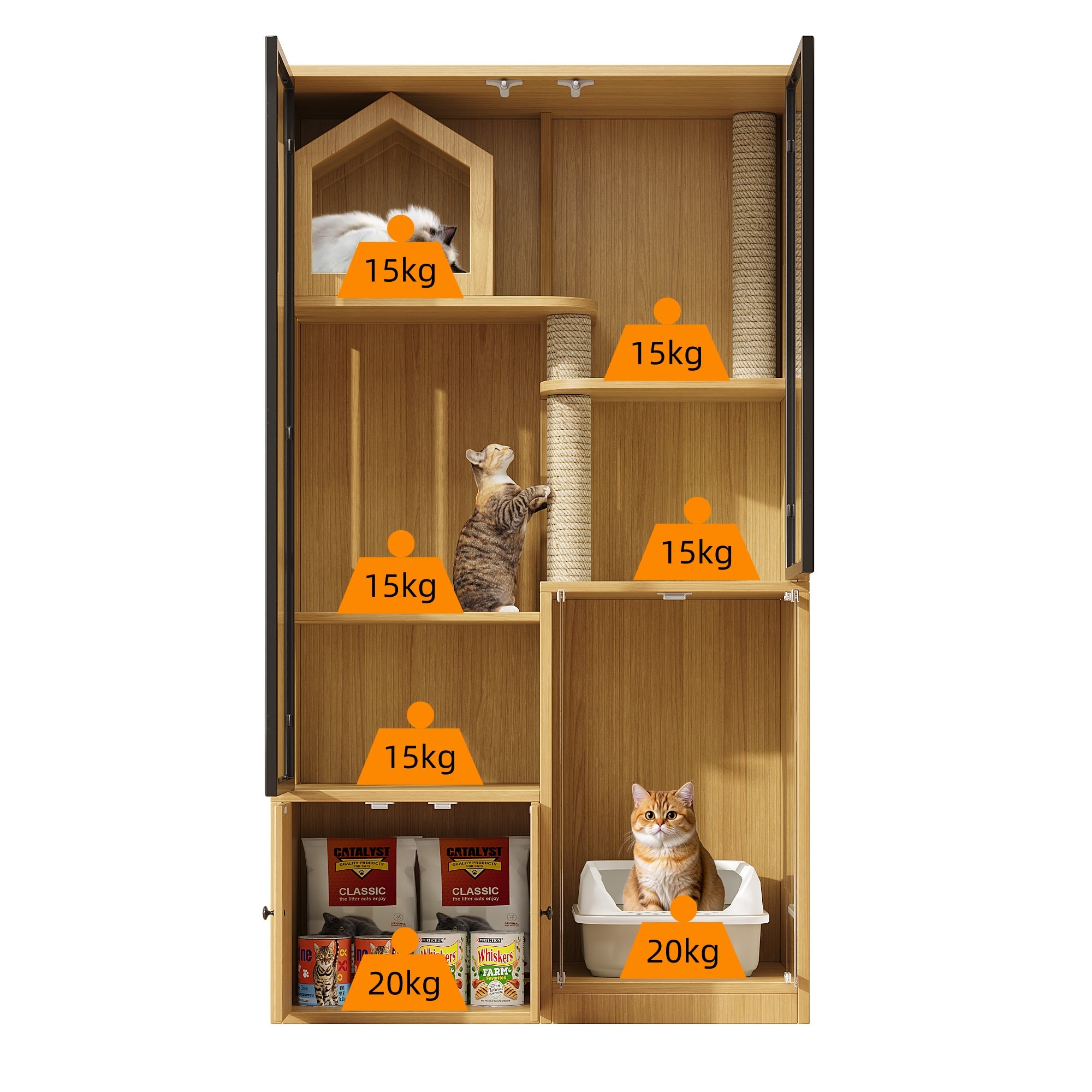 Cage pour chat 4 niveaux avec 4 portes et griffoir - 90 x 50 x 160 cm - MDF + verre - Couleur jaune - 6