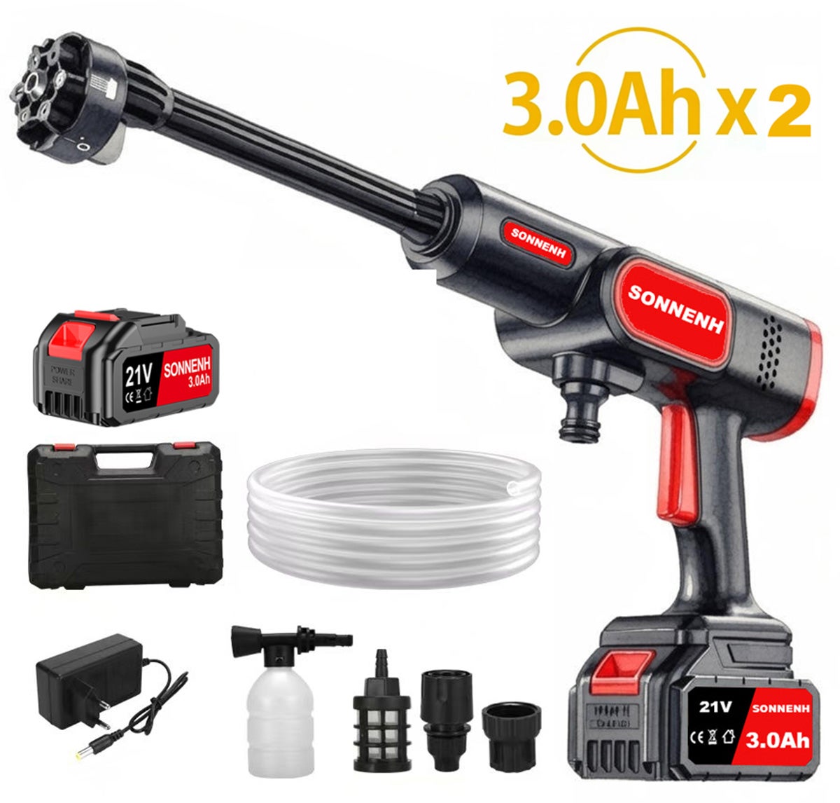 Myjka wysokociśnieniowa akumulatorowa 21 V - 2 baterie 3,0 Ah - 40 barów - 300 l/h - dysza 6 w 1