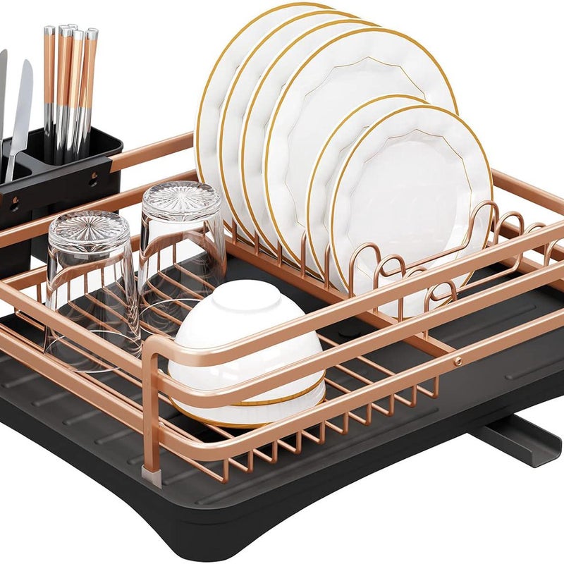 Ociekacz do naczyń z aluminium nierdzewnego ze zdejmowanym pojemnikiem na sztućce i sitkami na blat kuchenny, złoty