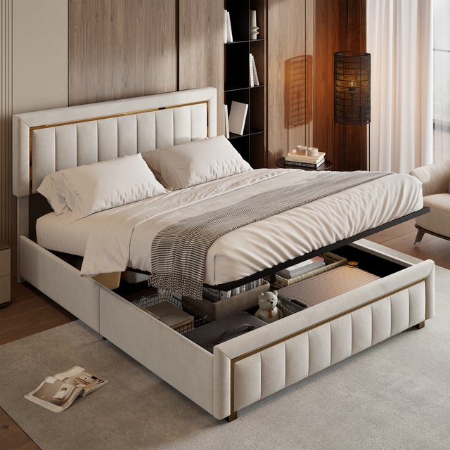 Letto 160x200 cm, Letto Contenitore, Struttura Letto con Testiera, Velluto, Beige