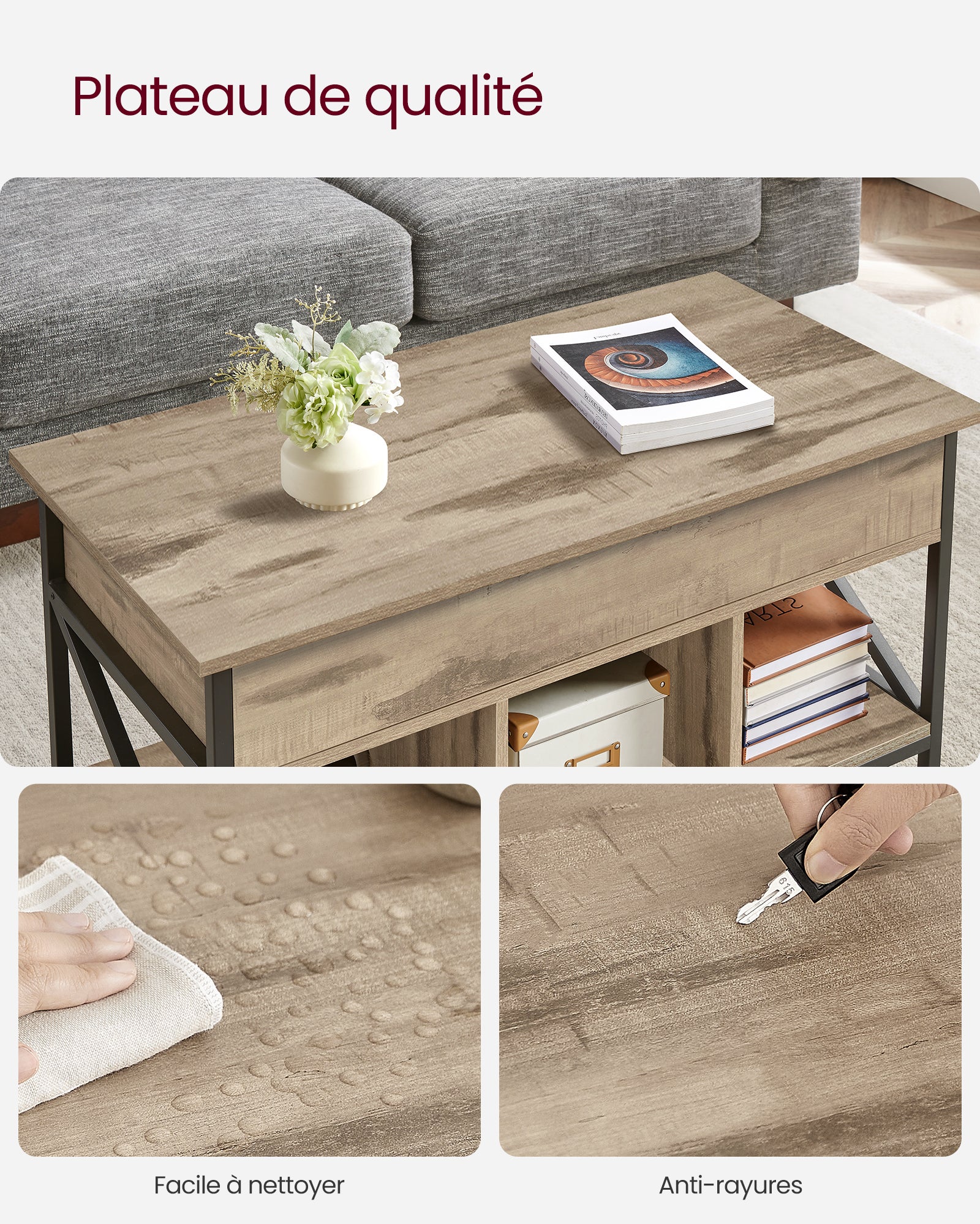 Table Basse, Relevable, Table Basse avec Rangement Caché et Compartiments Ouverts, Cadre en Acier, 50 x 100 x (46,5-62) cm, Marron Camel et Noir - 6