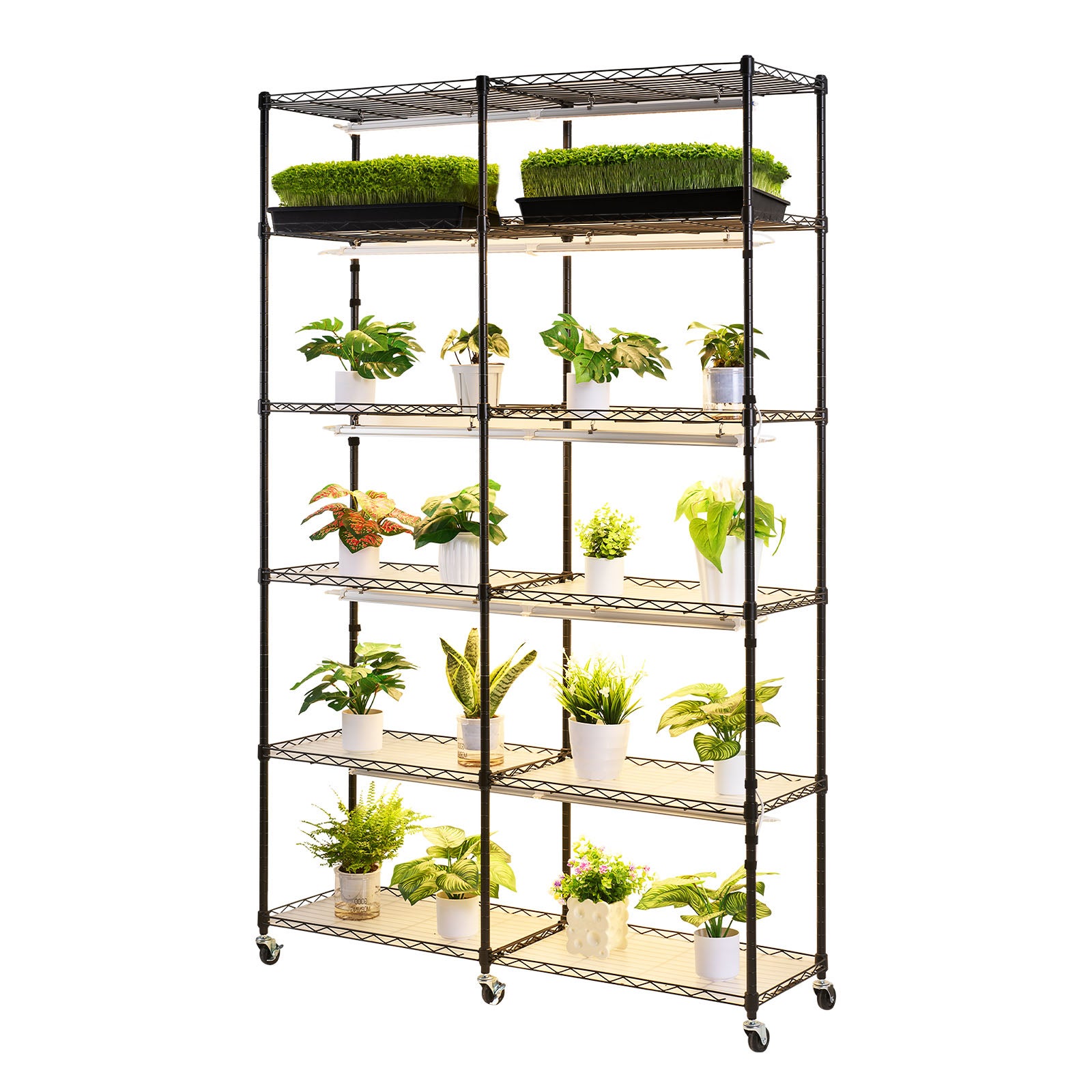 Support plantes deinterieur SucceBuy avec lampe de croissance, etagere metallique a 6 niveaux, hauteur de 180 cm, puissance de 200 W, equipe roulettes - 8